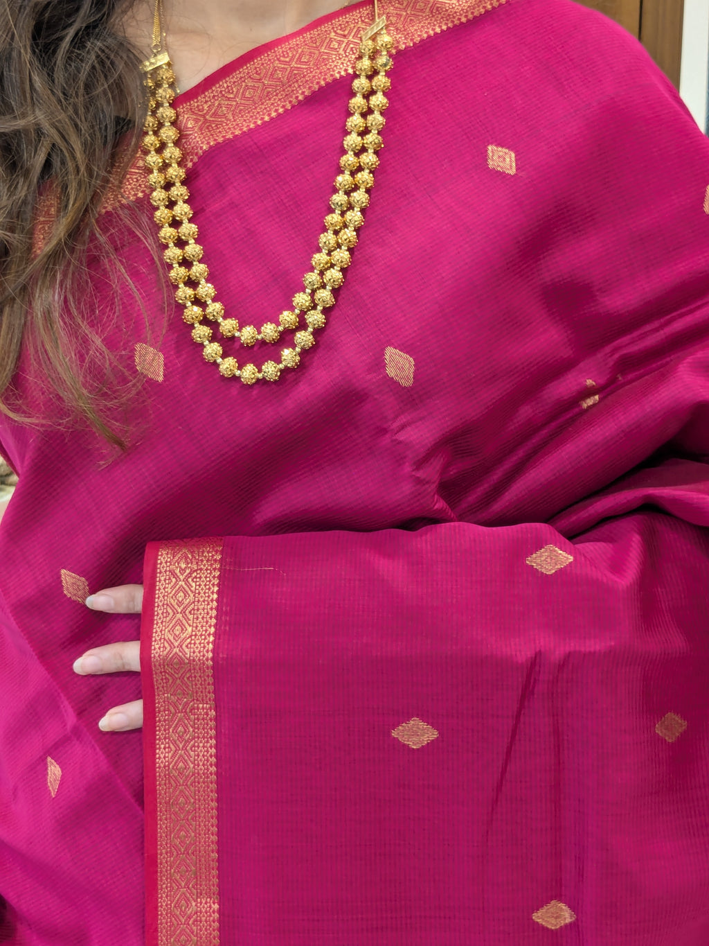 Rani Pink Maheshwari Silk Cotton Saree with Buttidar Pallu