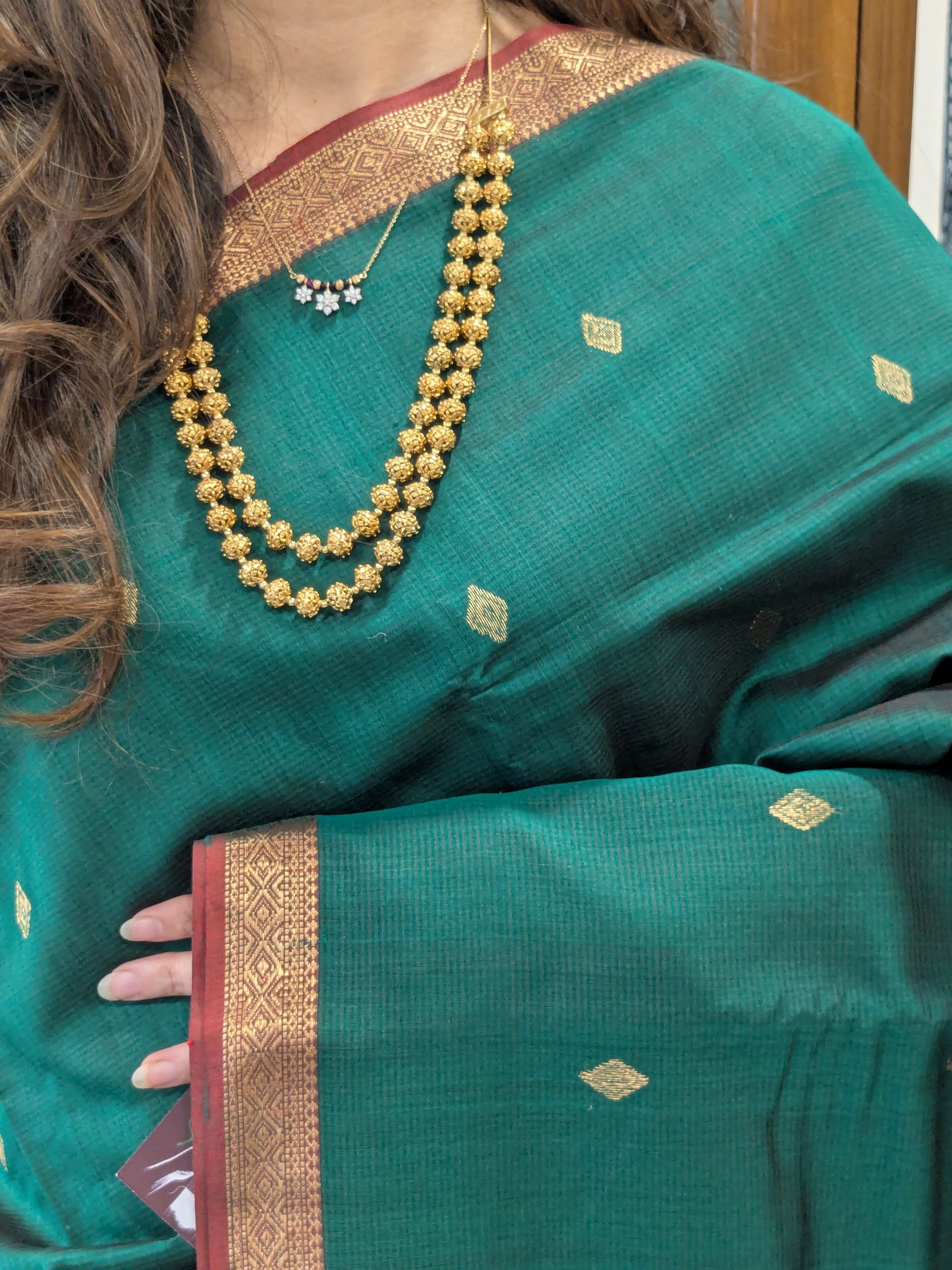 Green Maheshwari Silk Cotton Saree with Buttidar Pallu