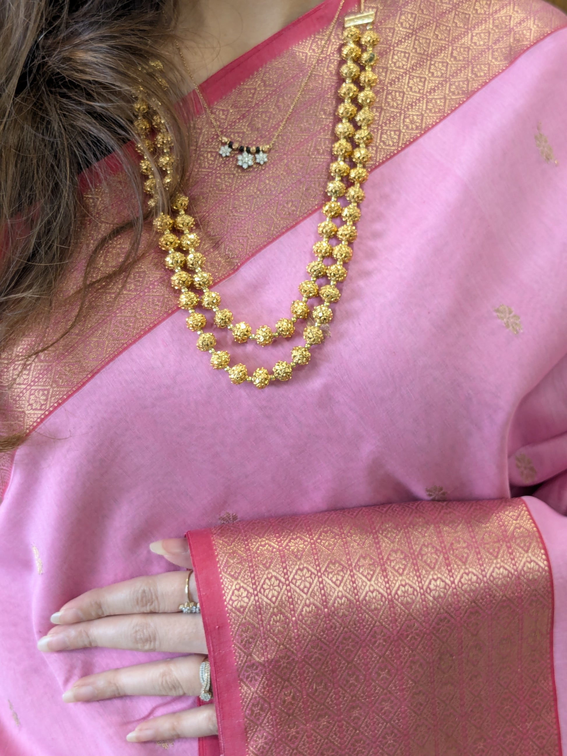 Pink Maheshwari Silk Cotton Saree with Red Heavy Pallu