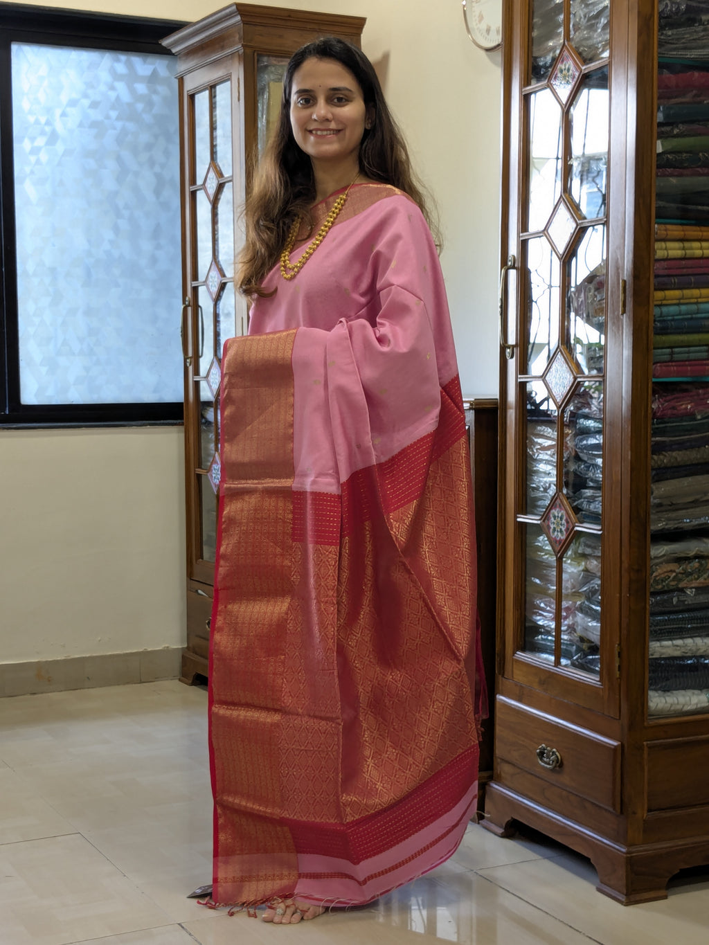 Pink Maheshwari Silk Cotton Saree with Red Heavy Pallu