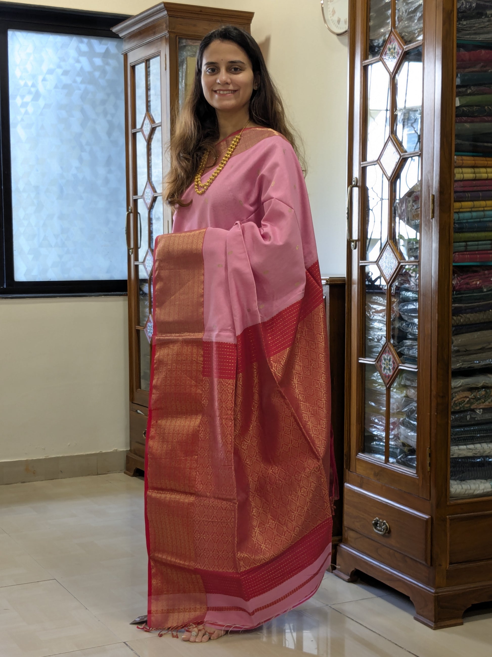 Pink Maheshwari Silk Cotton Saree with Red Heavy Pallu