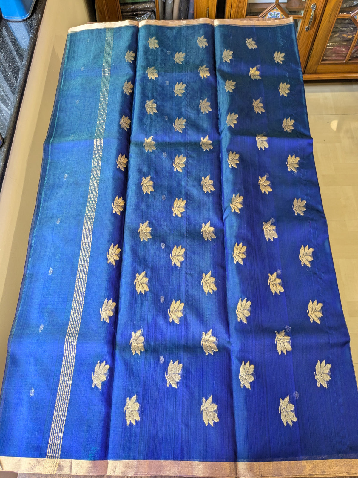Handloom Morpankhi Katan Silk Chanderi Saree with Golden Floral Buttis