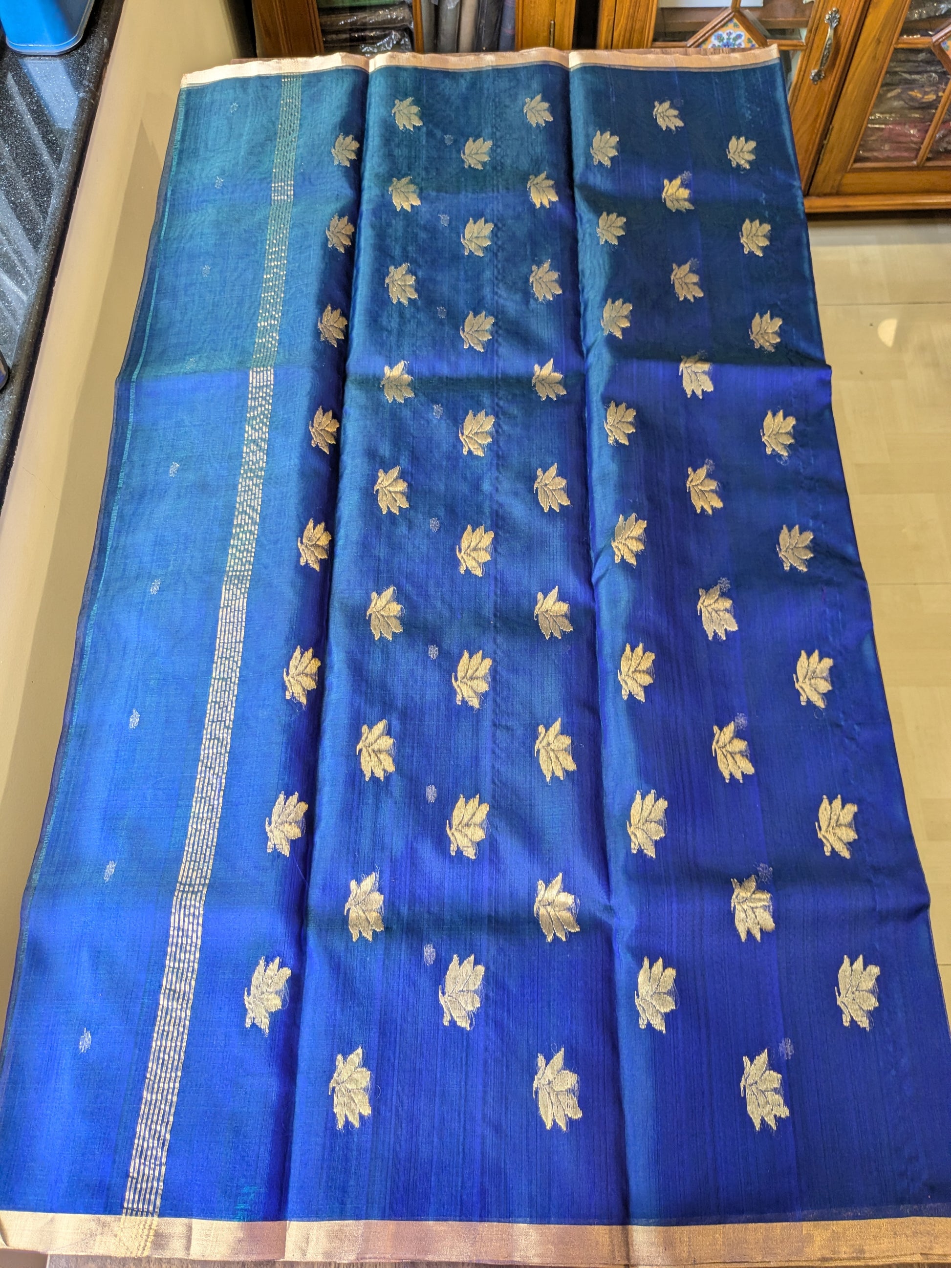 Handloom Morpankhi Katan Silk Chanderi Saree with Golden Floral Buttis