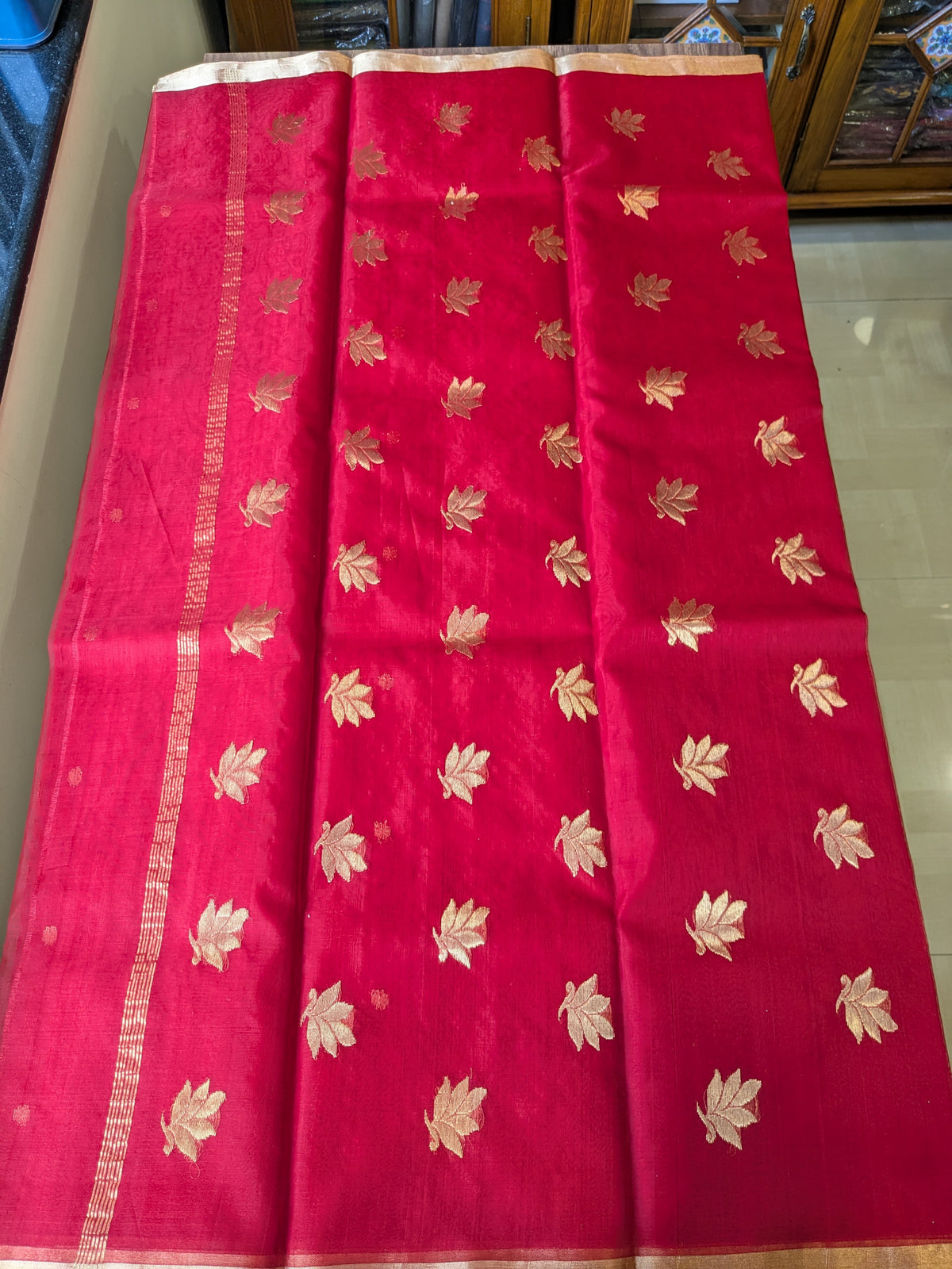 Handloom Red Katan Silk Chanderi Saree with Buttidar Pallu
