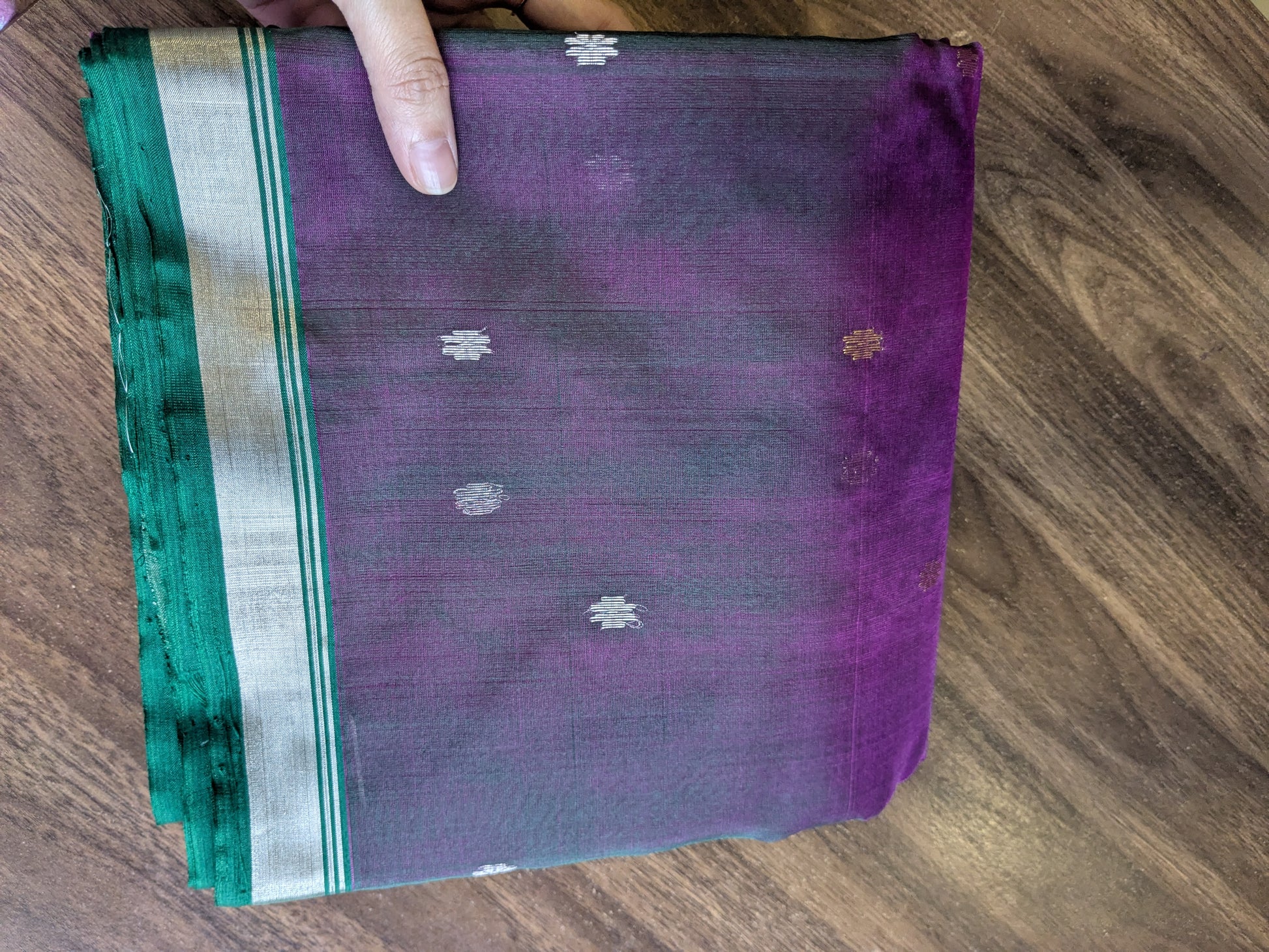 Handloom Purple Katan Silk Chanderi Saree with Silver & Golden Floral Buttis