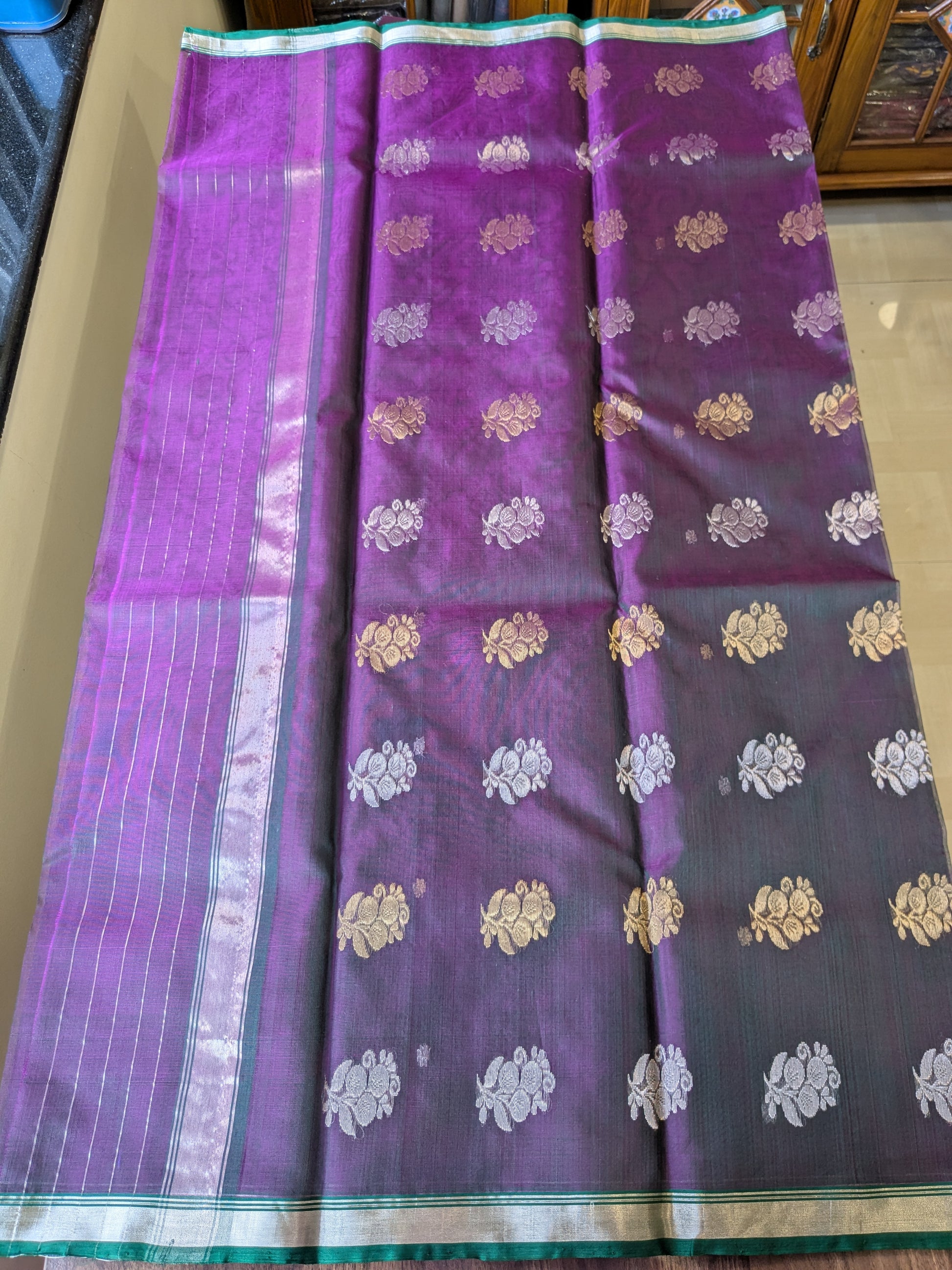 Handloom Purple Katan Silk Chanderi Saree with Silver & Golden Floral Buttis