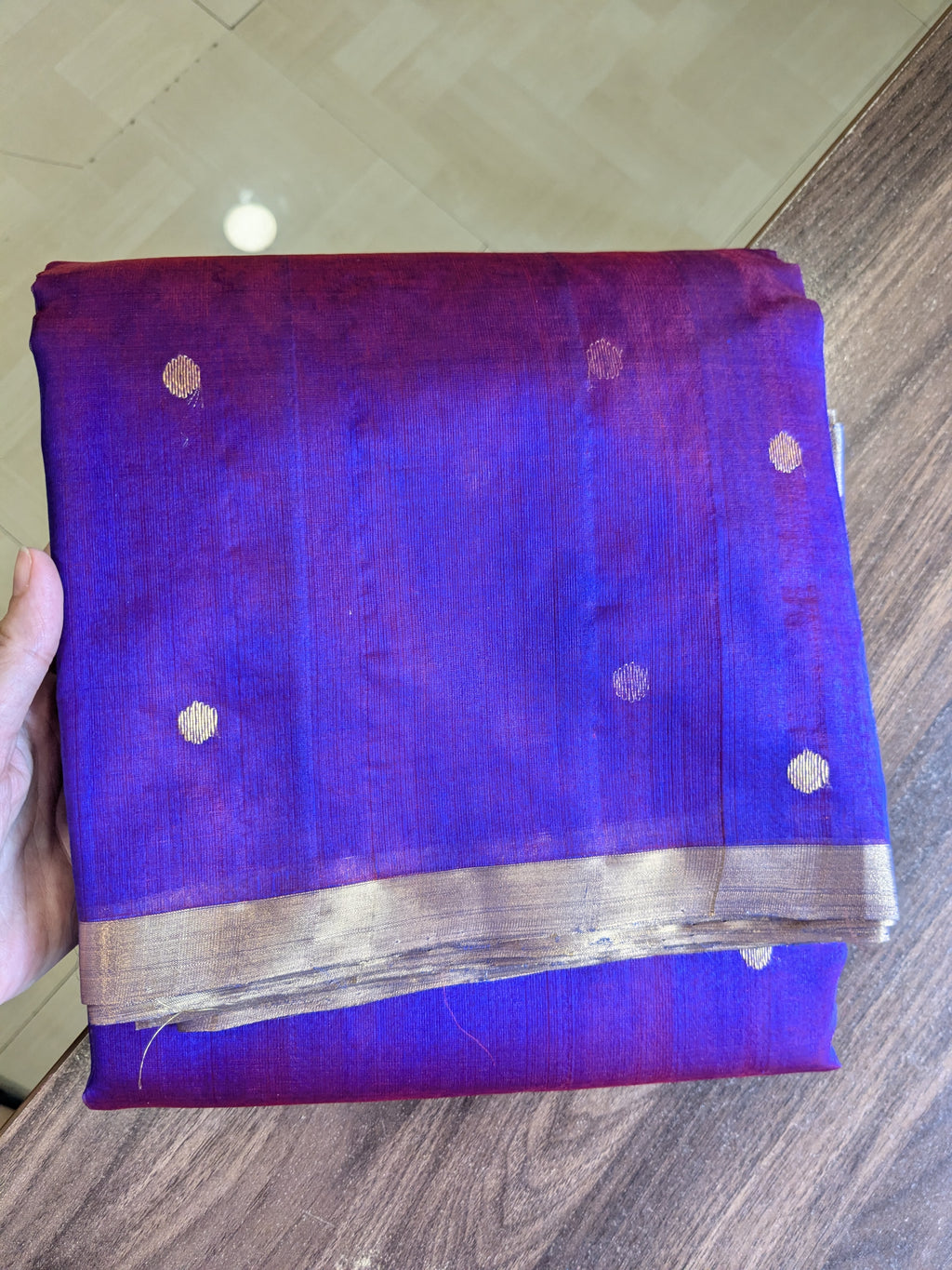 Handloom Reddish Purple Katan Silk Chanderi Saree with Golden Dollar Buttis