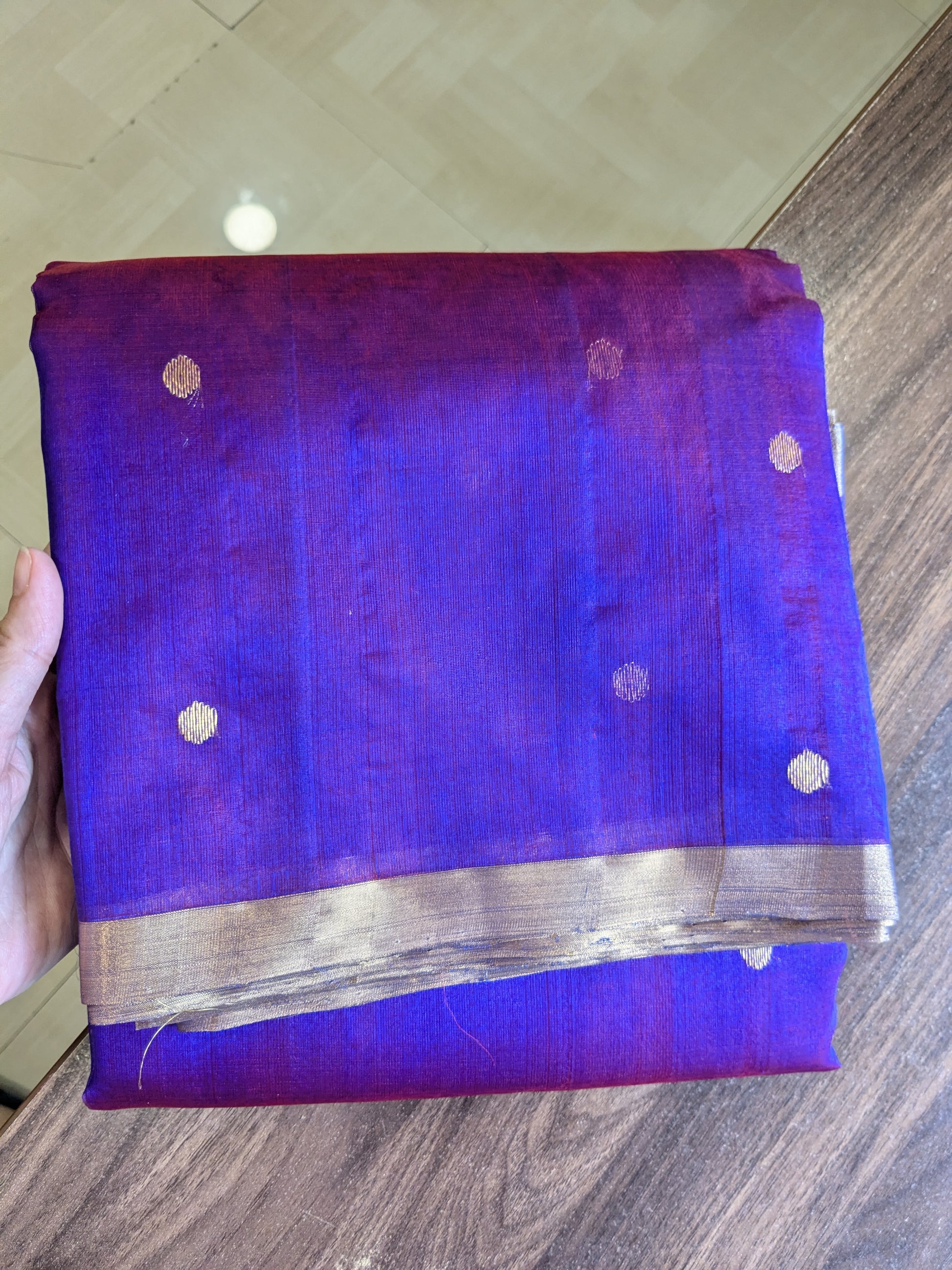 Handloom Reddish Purple Katan Silk Chanderi Saree with Golden Dollar Buttis