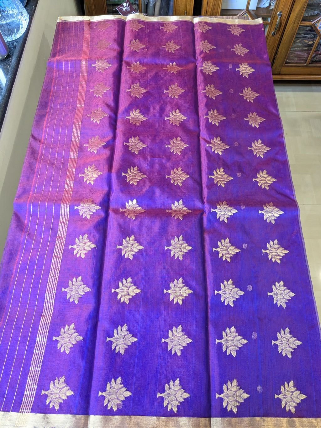 Handloom Reddish Purple Katan Silk Chanderi Saree with Golden Dollar Buttis