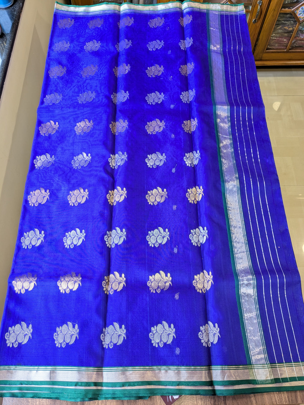 Handloom Violet Katan Silk Chanderi Saree with Floral Buttis