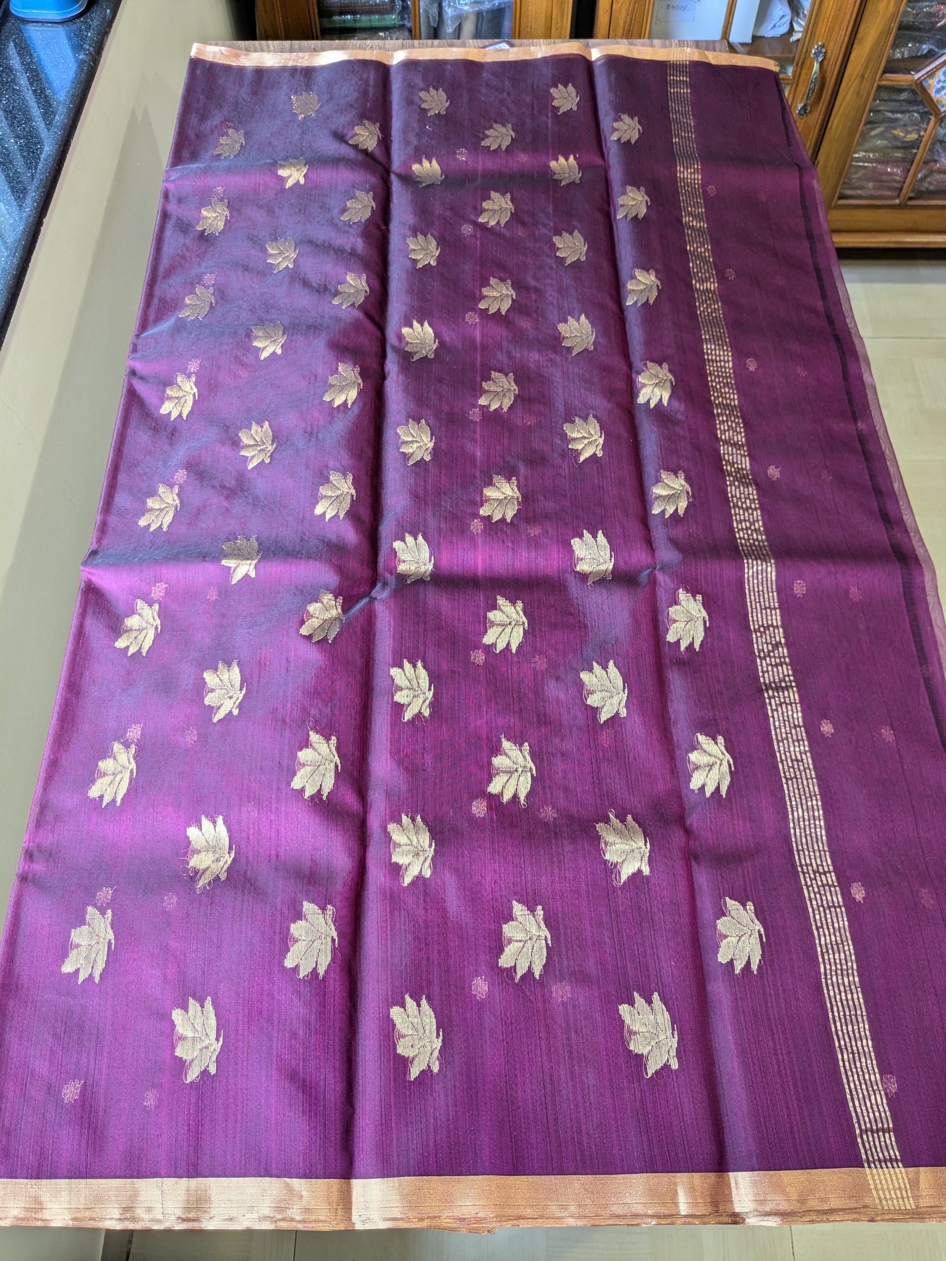 Handloom Wine Katan Silk Chanderi Saree with Golden Floral Buttis