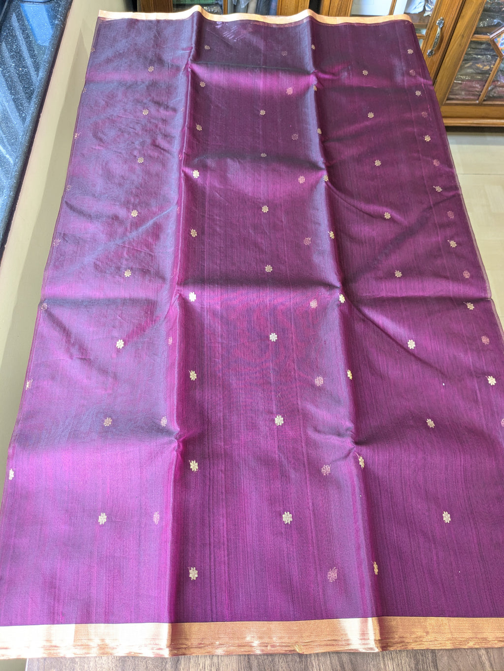 Handloom Wine Katan Silk Chanderi Saree with Golden Floral Buttis