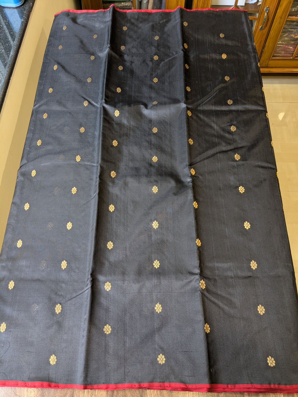 Black Chanderi Pure Silk Saree with Flower Buttis