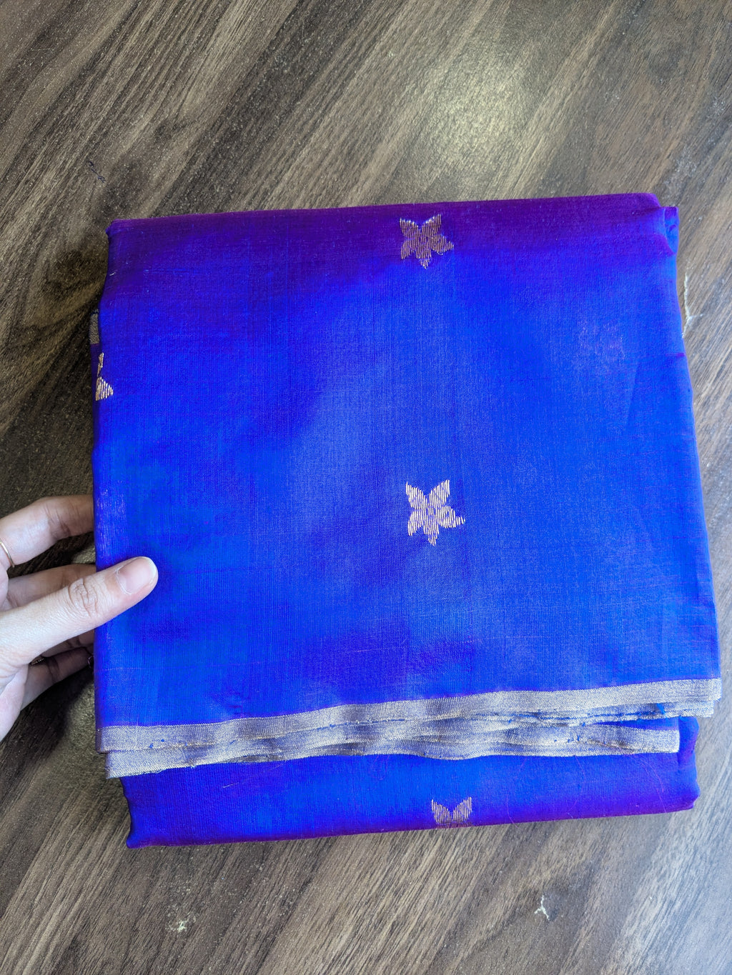 Purple Pure Silk Chanderi Saree with Golden Flower Buttis & Zari Lines