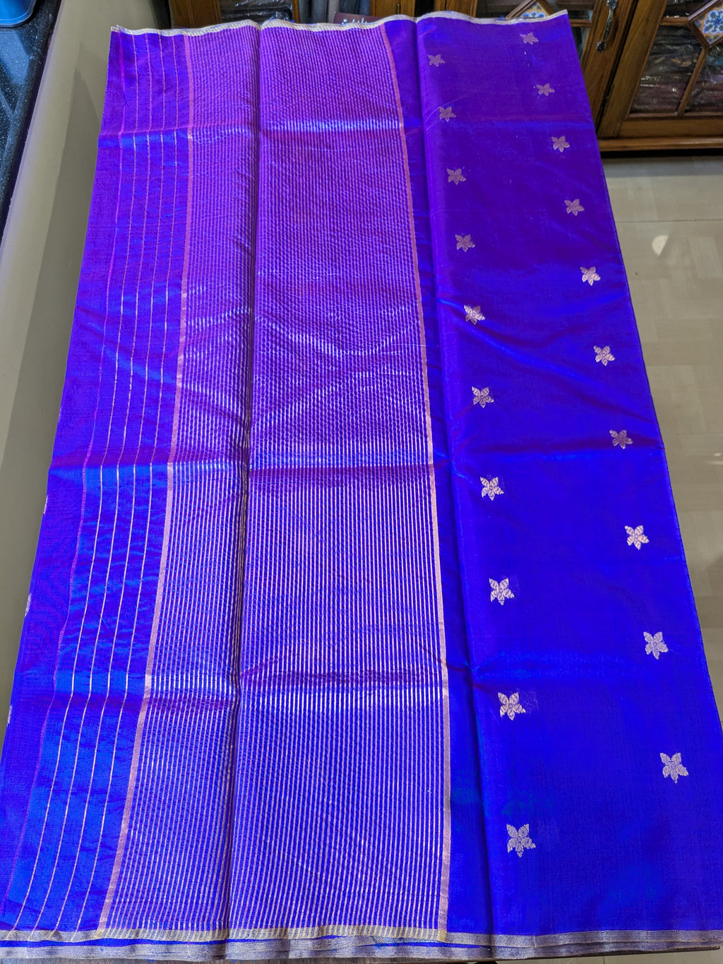 Purple Pure Silk Chanderi Saree with Golden Flower Buttis & Zari Lines