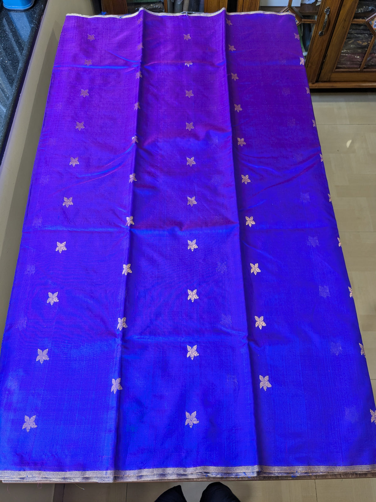 Purple Pure Silk Chanderi Saree with Golden Flower Buttis & Zari Lines