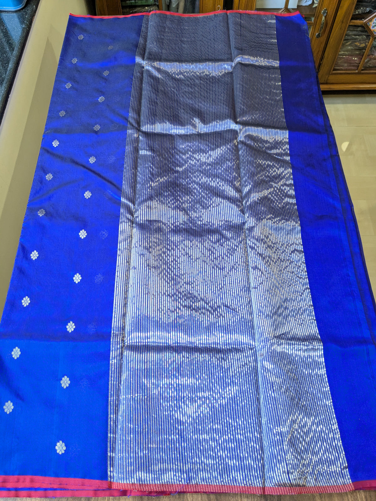 Handloom Royal Blue Pure Silk Chanderi Saree with Silver Floral Buttis & Zari Lines