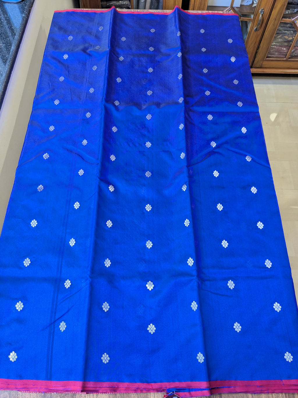 Handloom Royal Blue Pure Silk Chanderi Saree with Silver Floral Buttis & Zari Lines