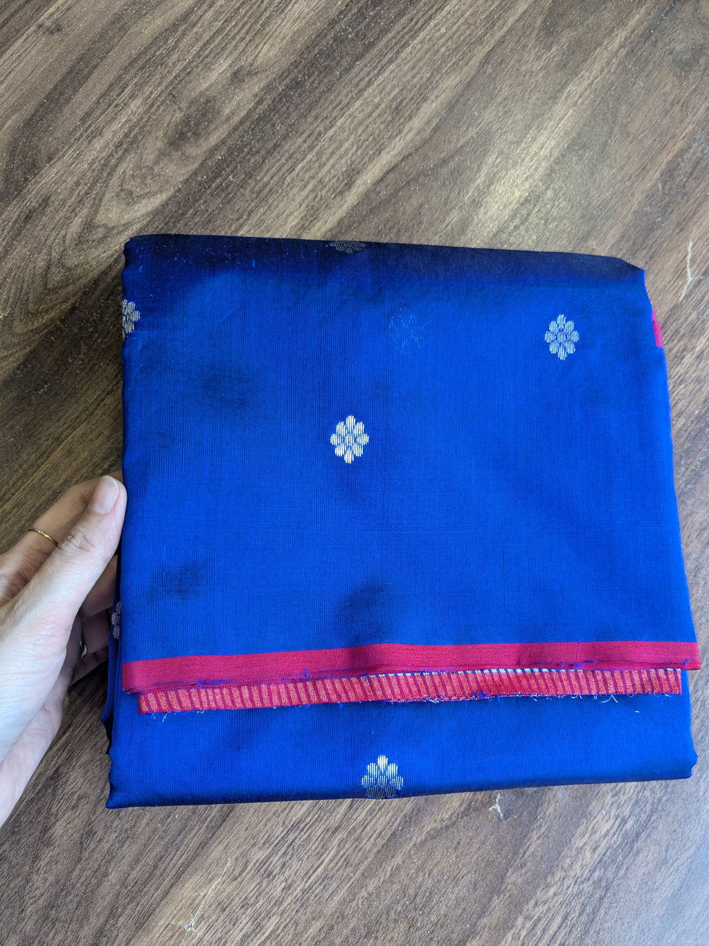 Handloom Royal Blue Pure Silk Chanderi Saree with Silver Floral Buttis & Zari Lines