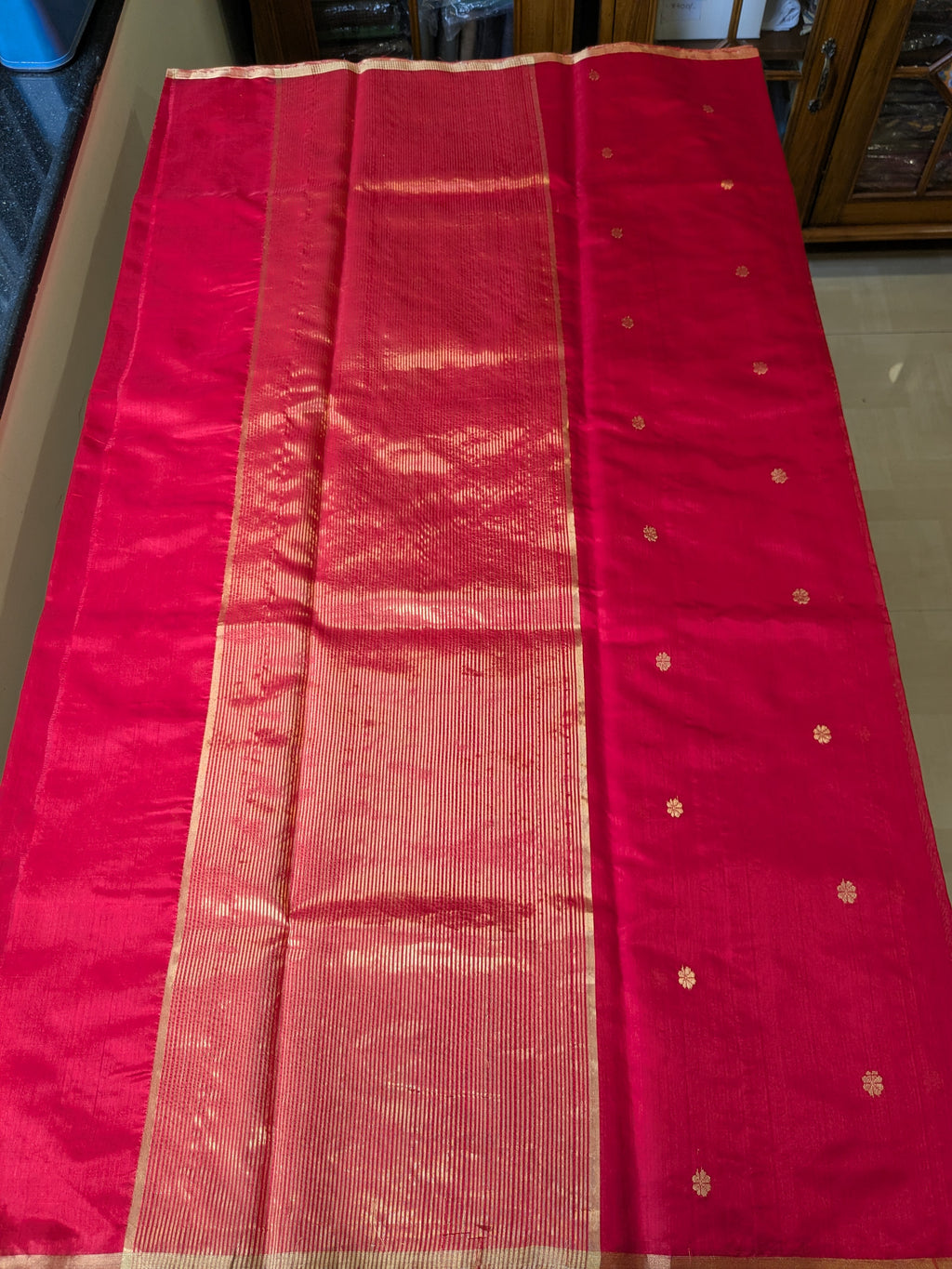 Handloom Red Pure Silk Chanderi Saree with Floral Buttis