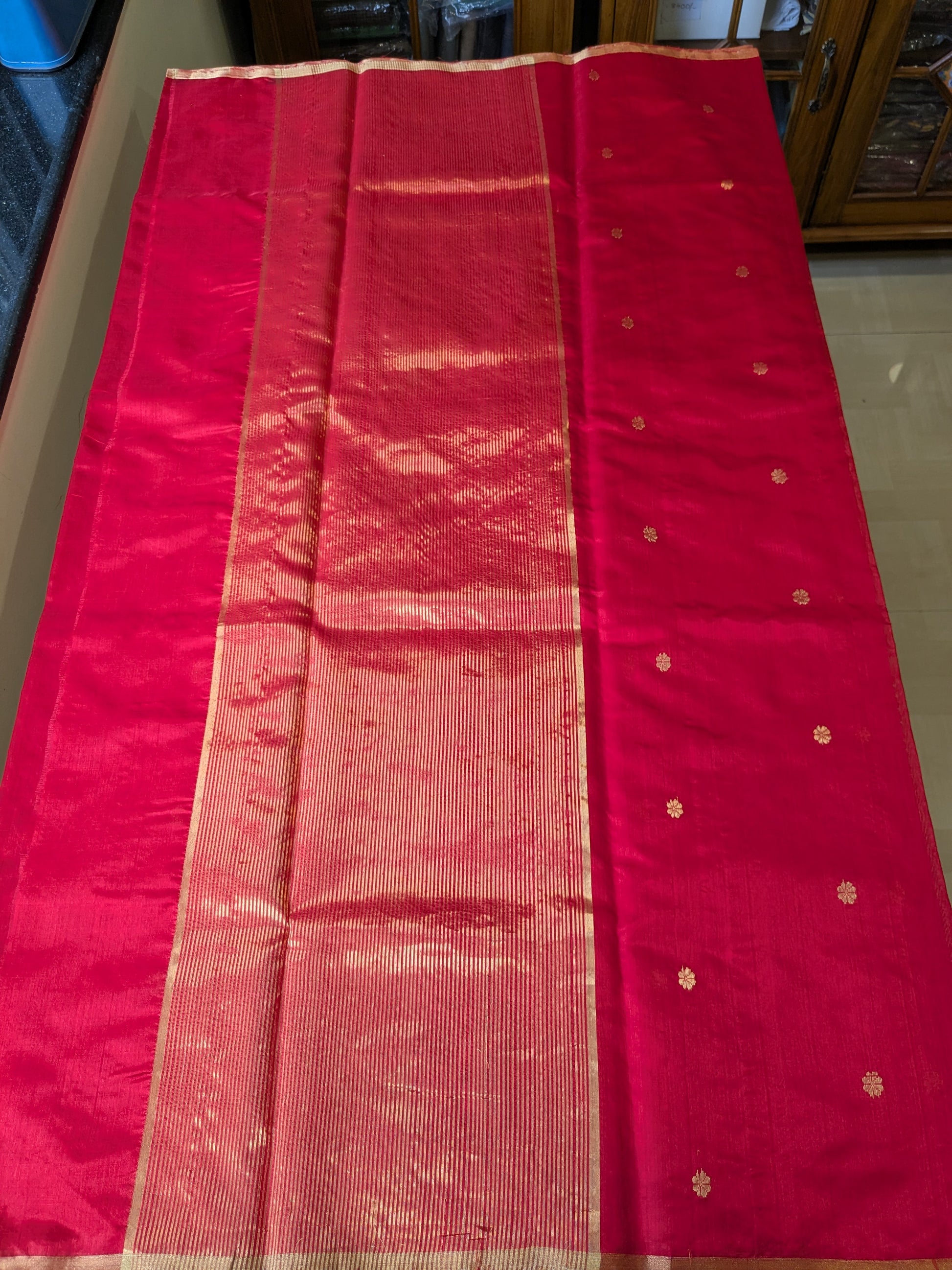Handloom Red Pure Silk Chanderi Saree with Floral Buttis