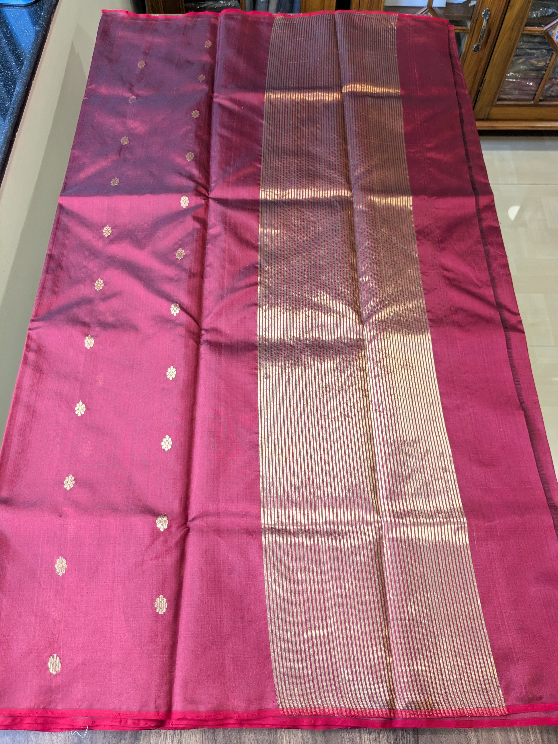 Handloom Maroon Pure Silk Chanderi Saree with Floral Buttis