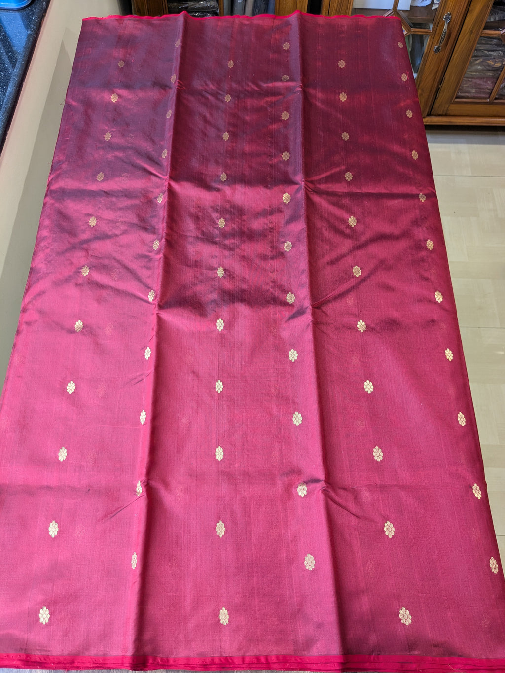 Handloom Maroon Pure Silk Chanderi Saree with Floral Buttis