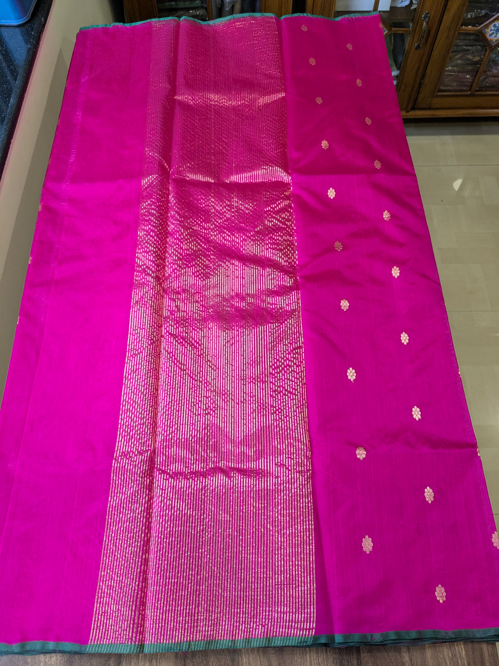 Handloom Hot Pink Pure Silk Chanderi Saree with Floral Buttis