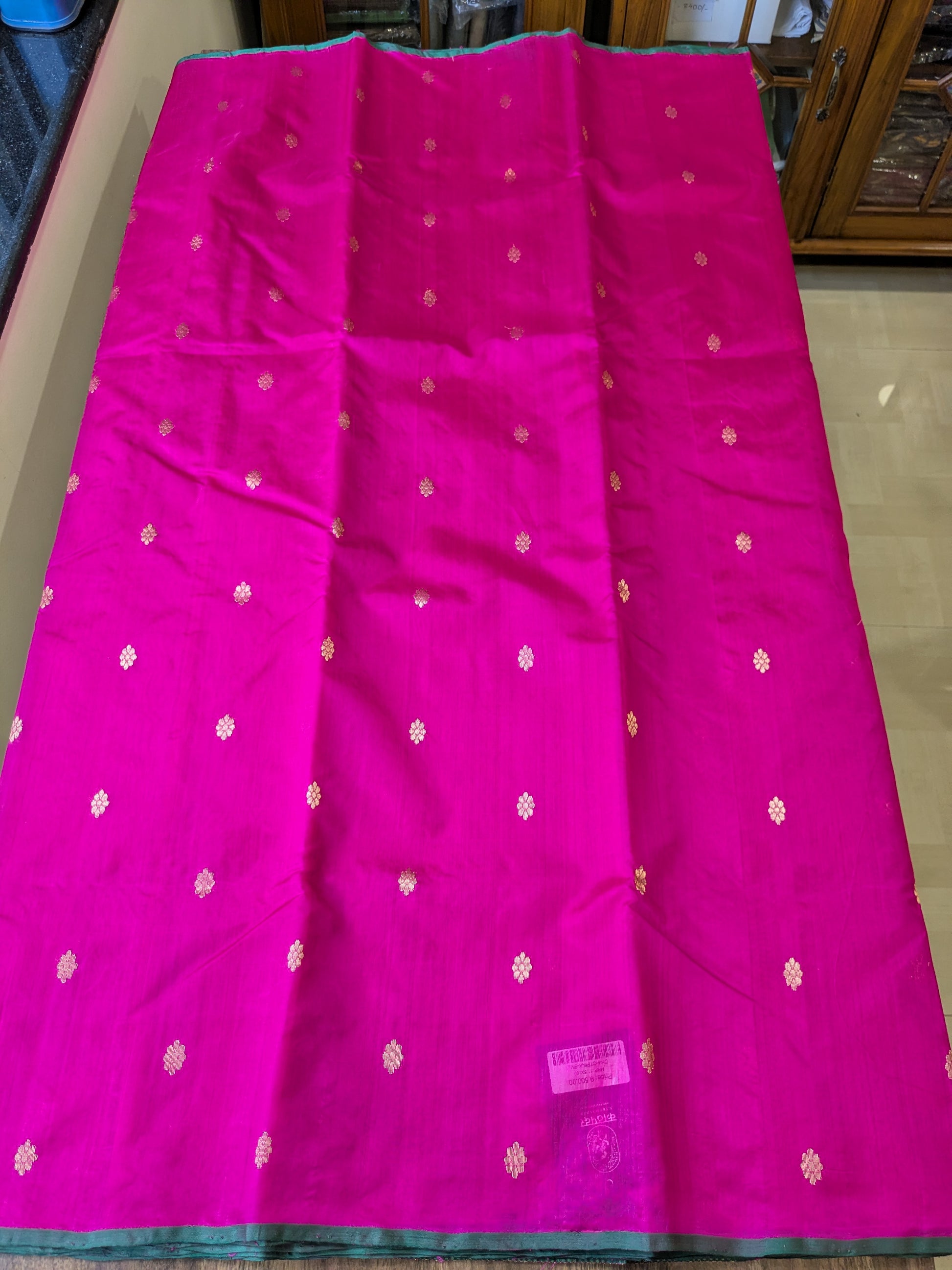 Handloom Hot Pink Pure Silk Chanderi Saree with Floral Buttis