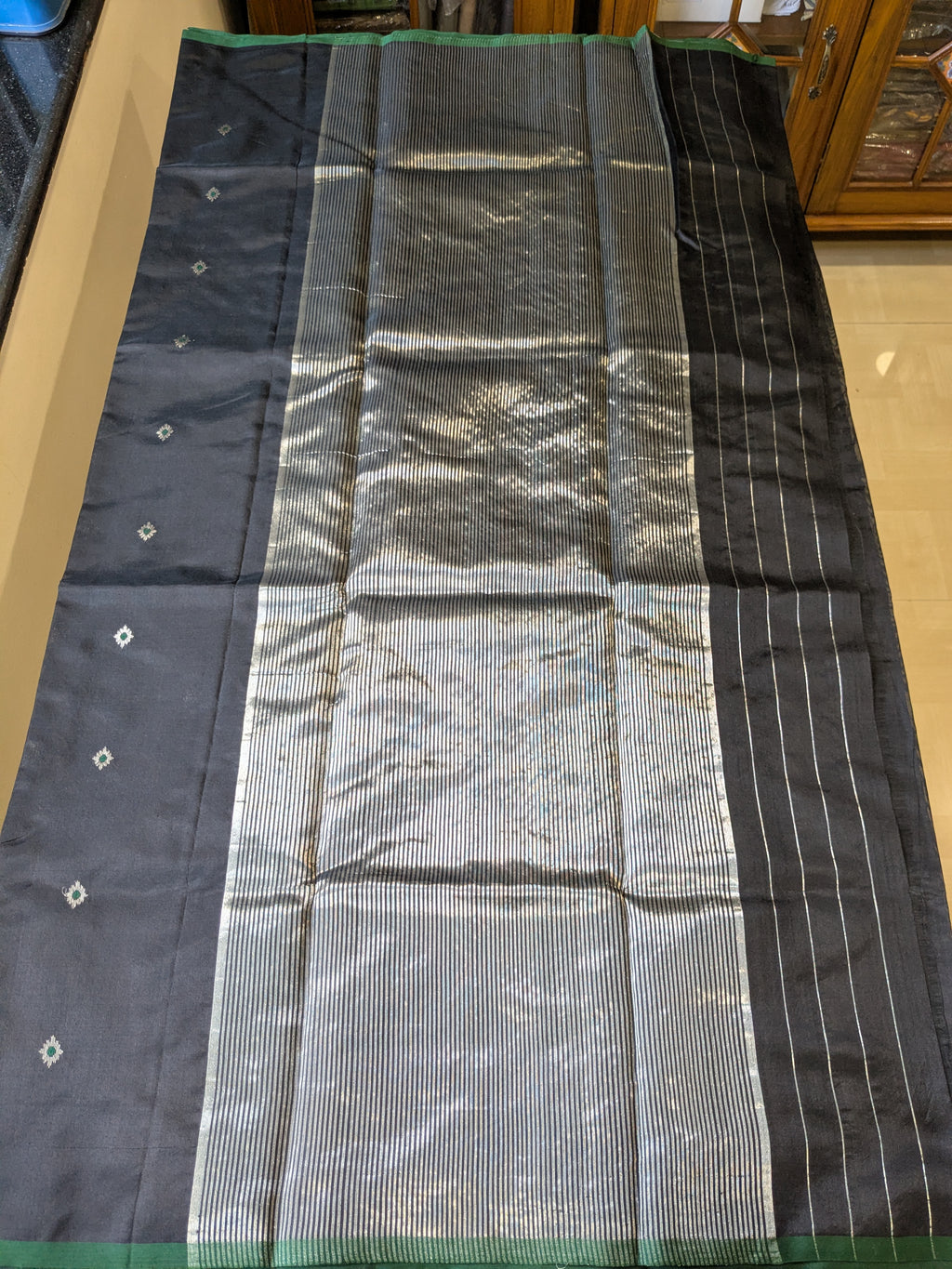 Black Chanderi Pure Silk Saree with Flower Meena Buttis