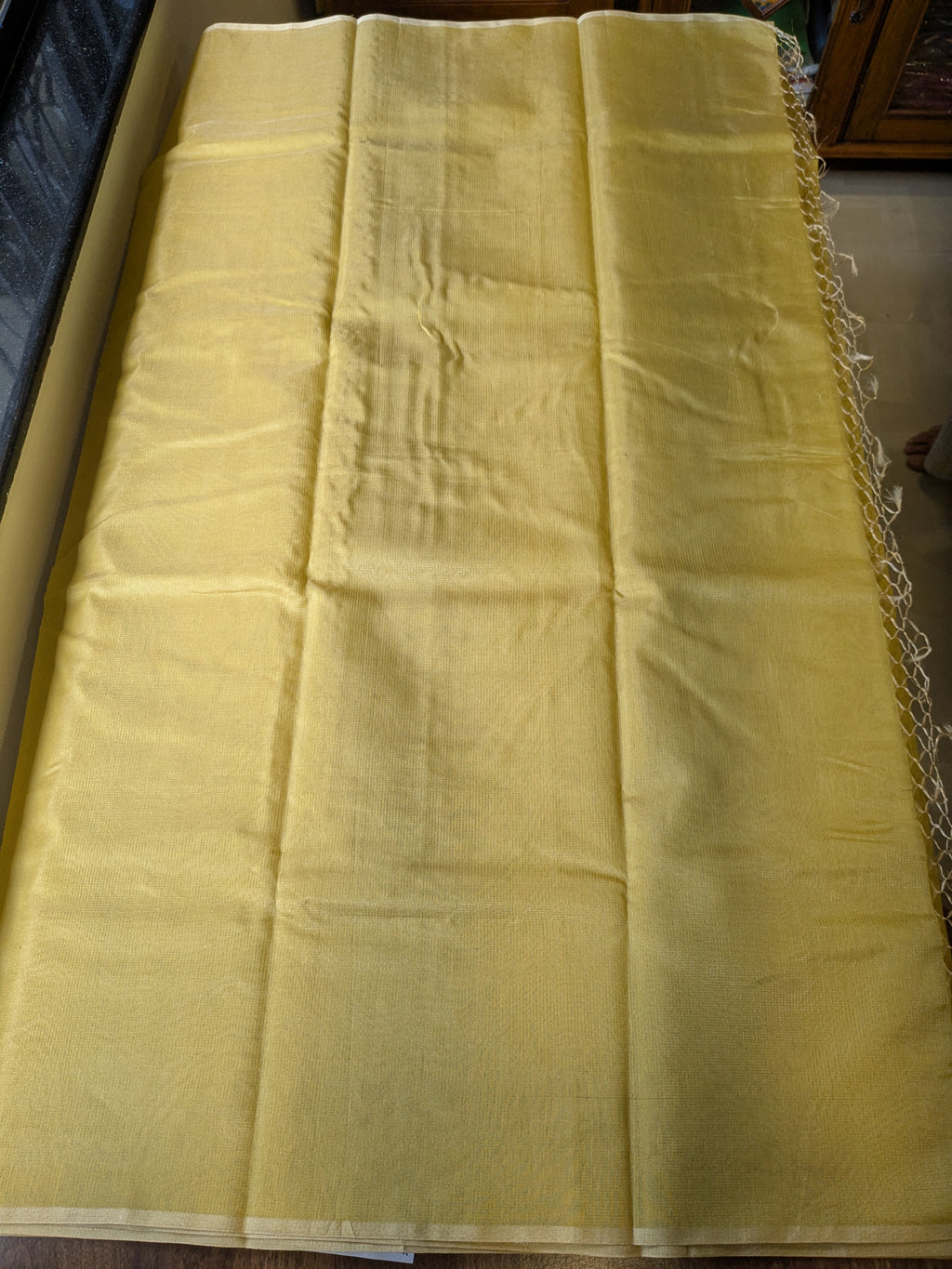 Yellow Maheshwari Silk by Cotton Saree with Fine Zari Checks