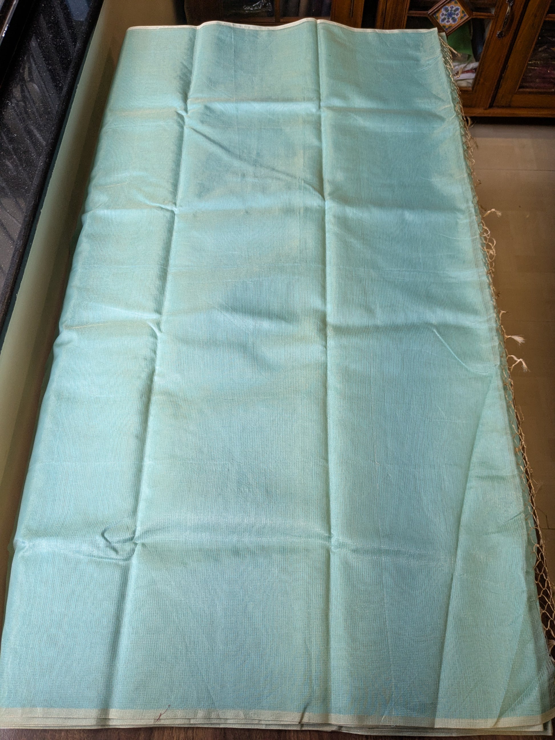 Cyan Blue Maheshwari Silk by Cotton Saree with Fine Zari Checks