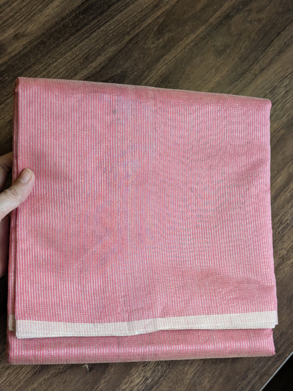 Peach Maheshwari Silk by Cotton Saree with Fine Zari Checks