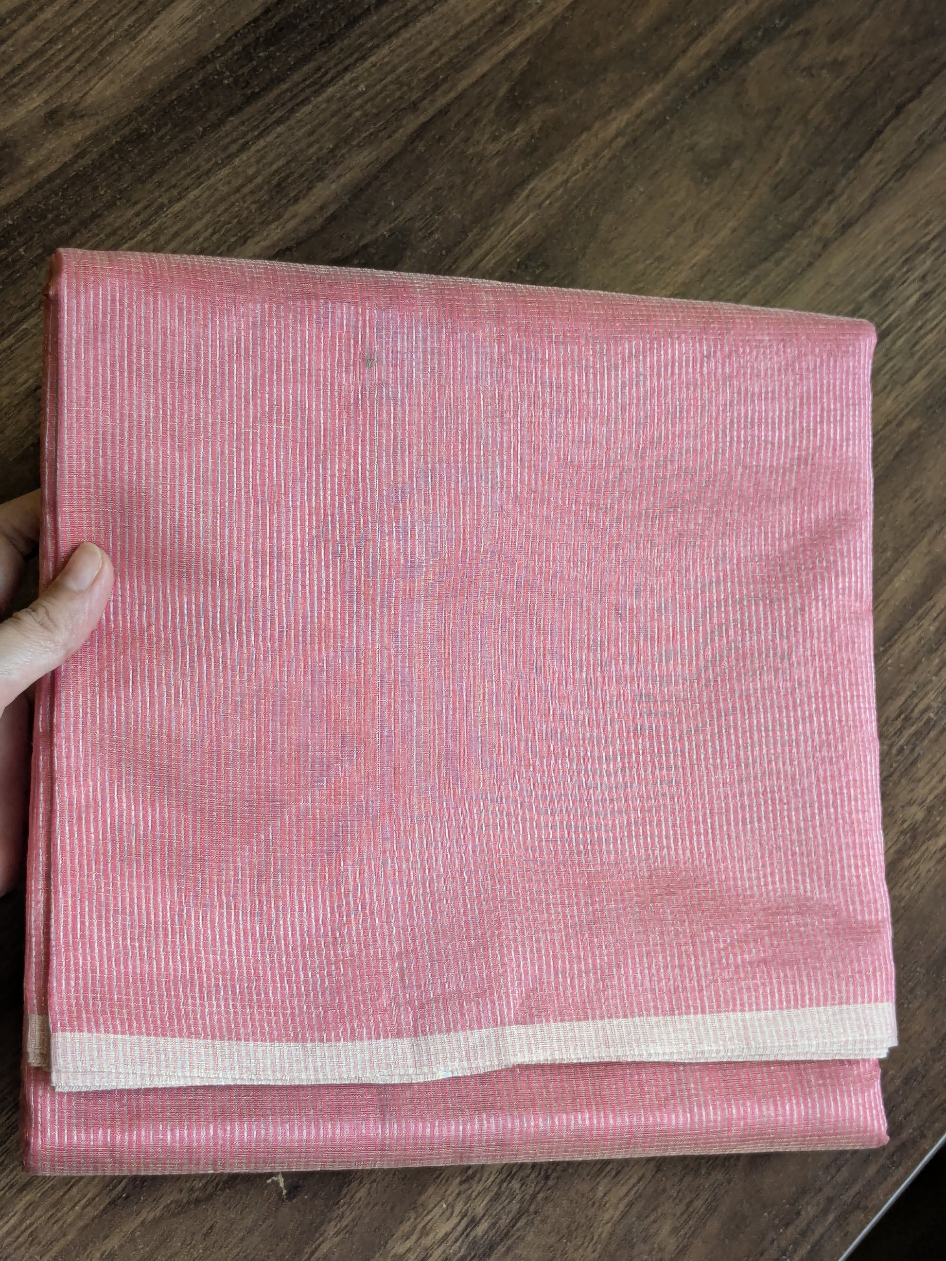Peach Maheshwari Silk by Cotton Saree with Fine Zari Checks