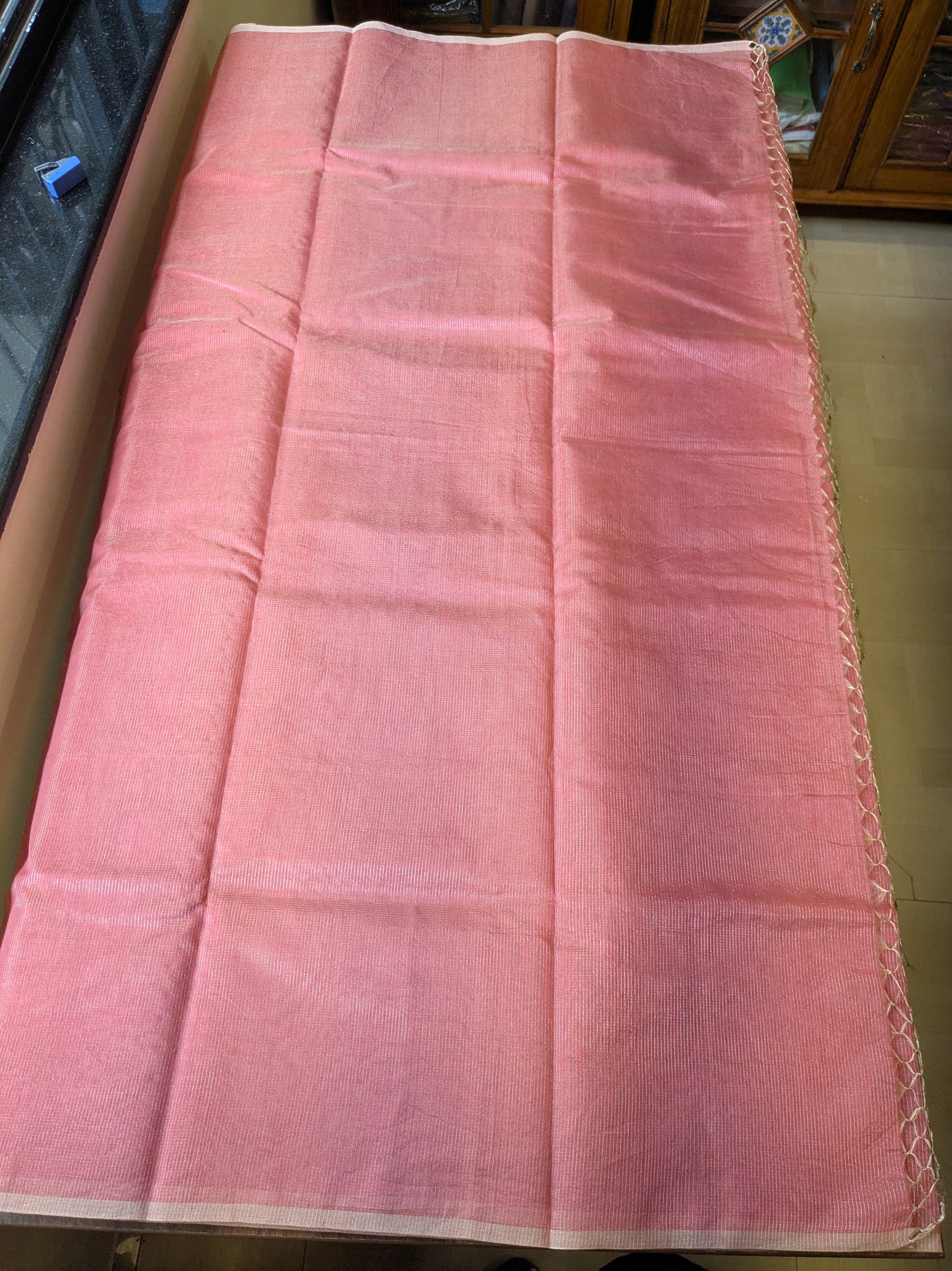 Peach Maheshwari Silk by Cotton Saree with Fine Zari Checks