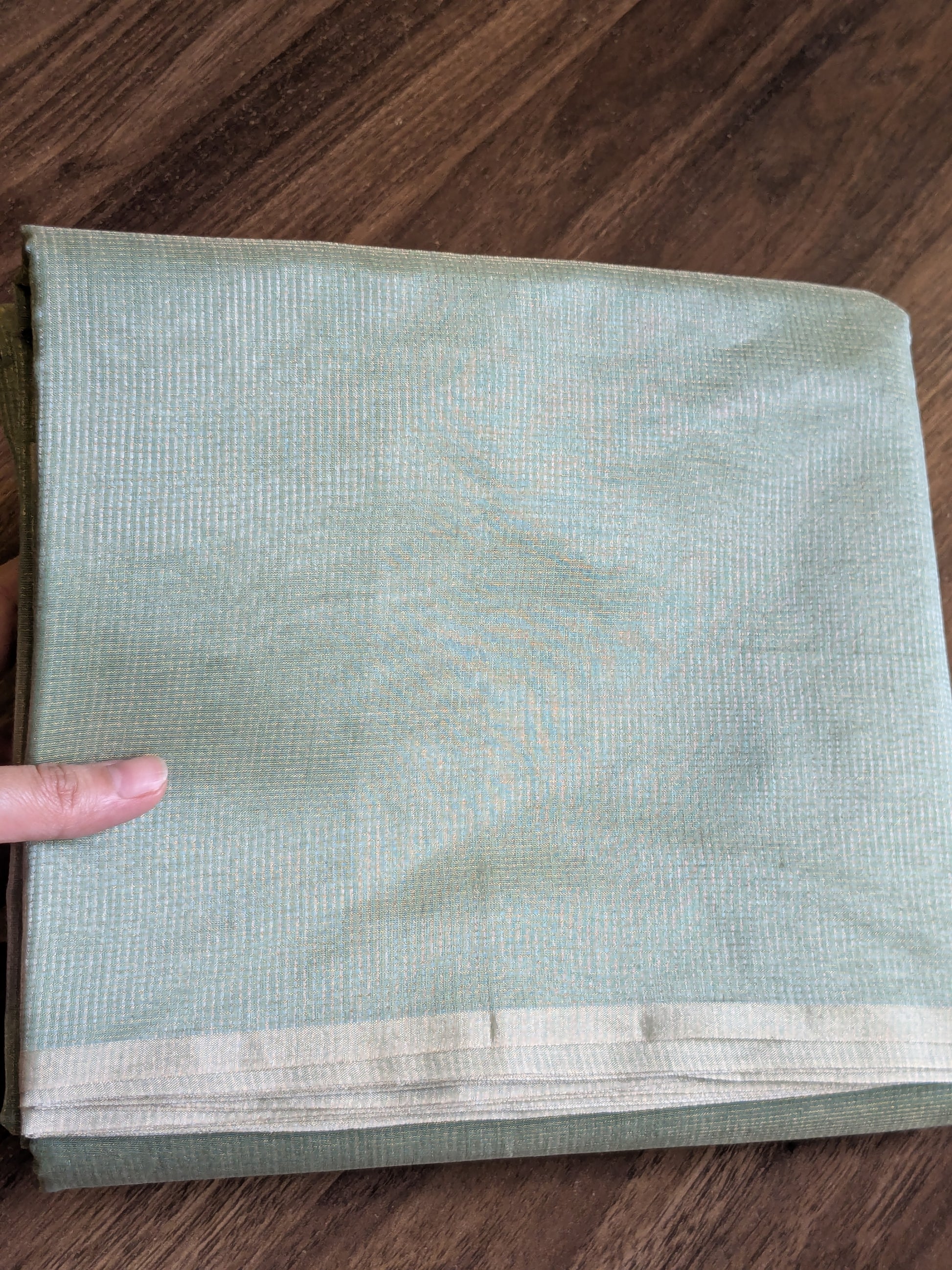 Light Green Maheshwari Silk by Cotton Saree with Fine Zari Checks