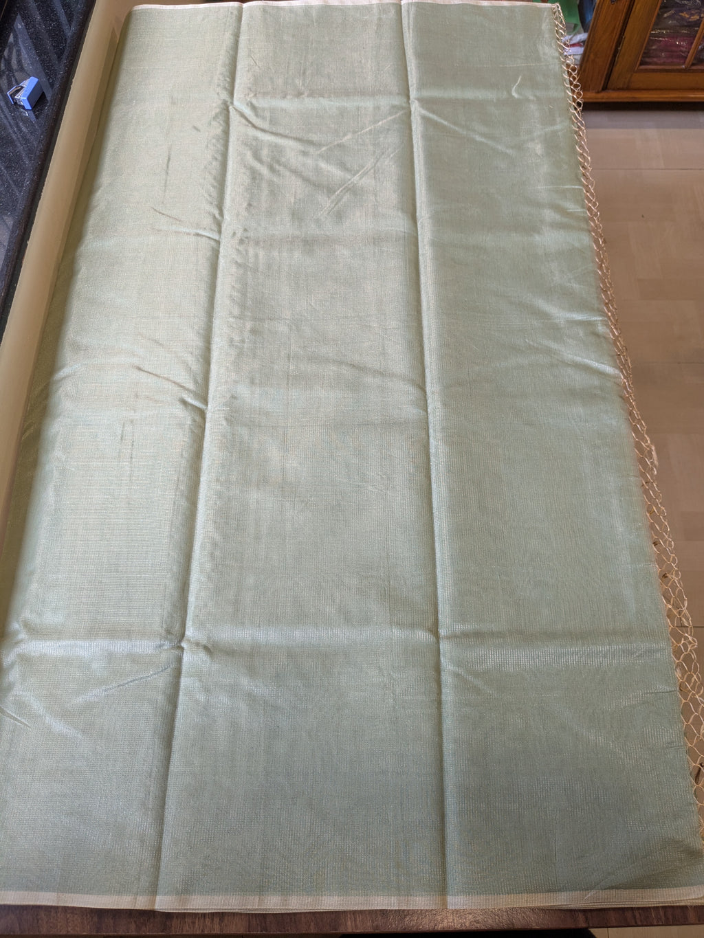 Light Green Maheshwari Silk by Cotton Saree with Fine Zari Checks