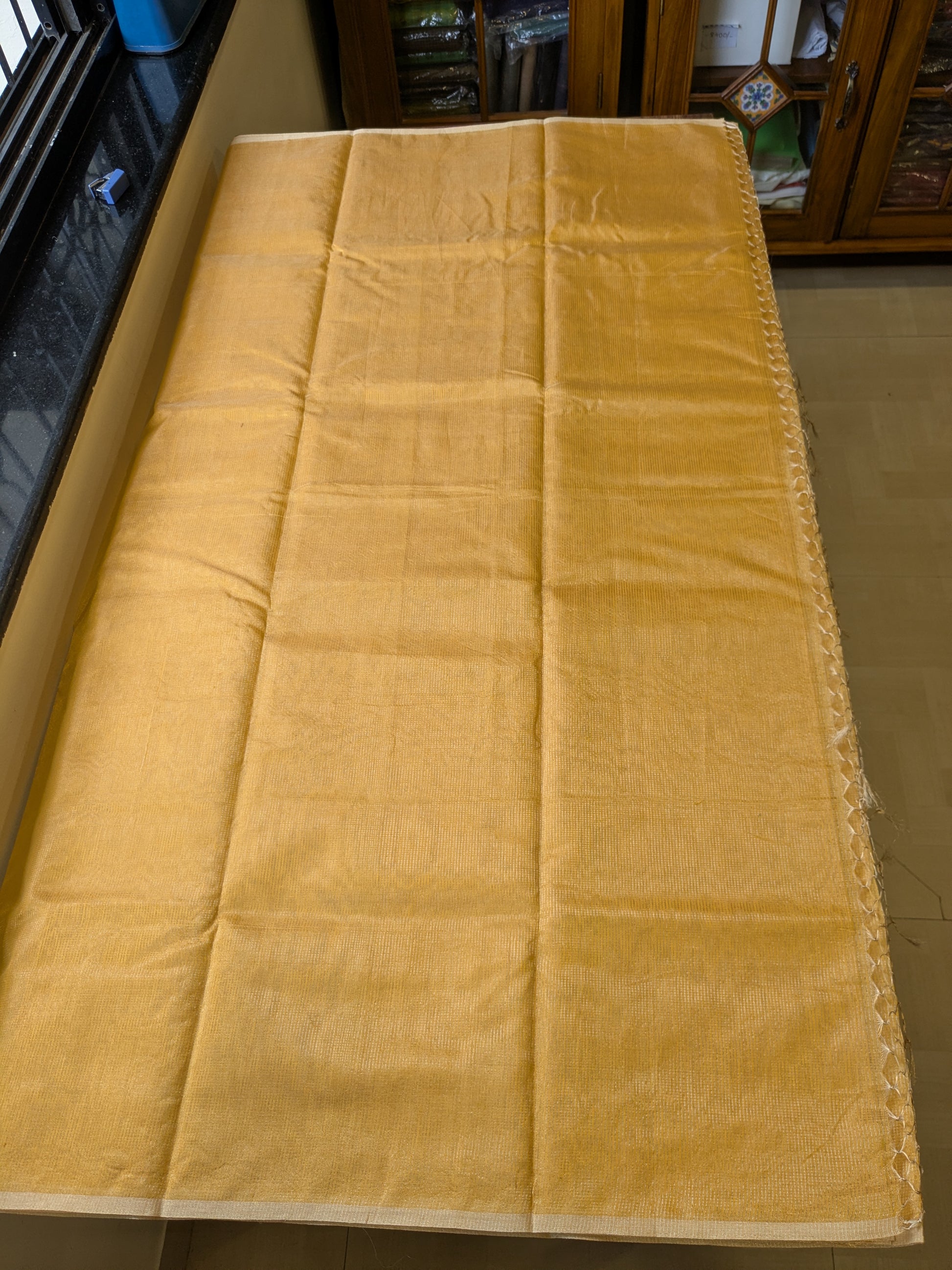 Mango Yellow Maheshwari Silk by Cotton Saree with Fine Zari Checks