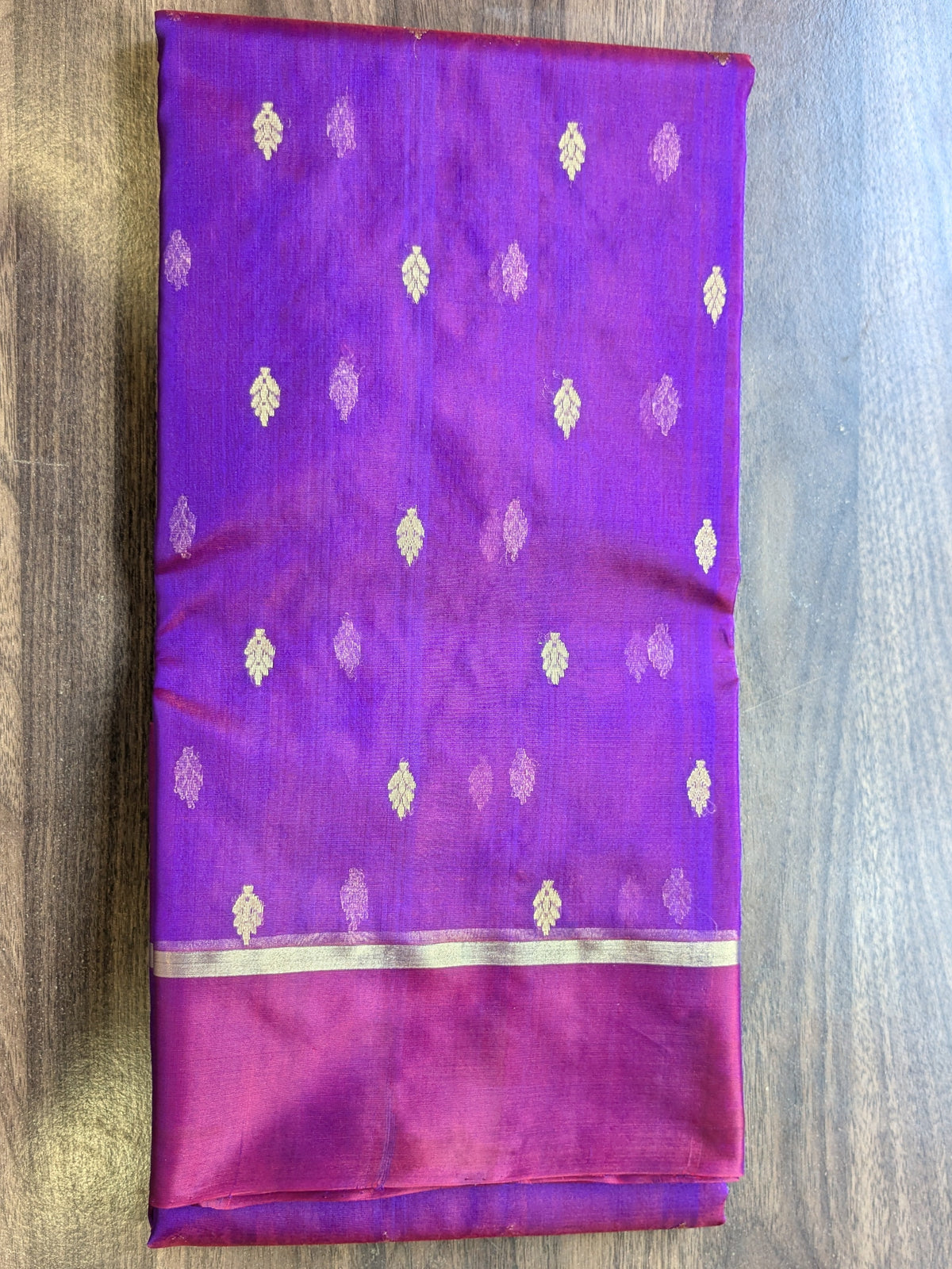 Reddish Purple Katan Silk Chanderi Saree with Golden Leaf Motifs & Floral Padar