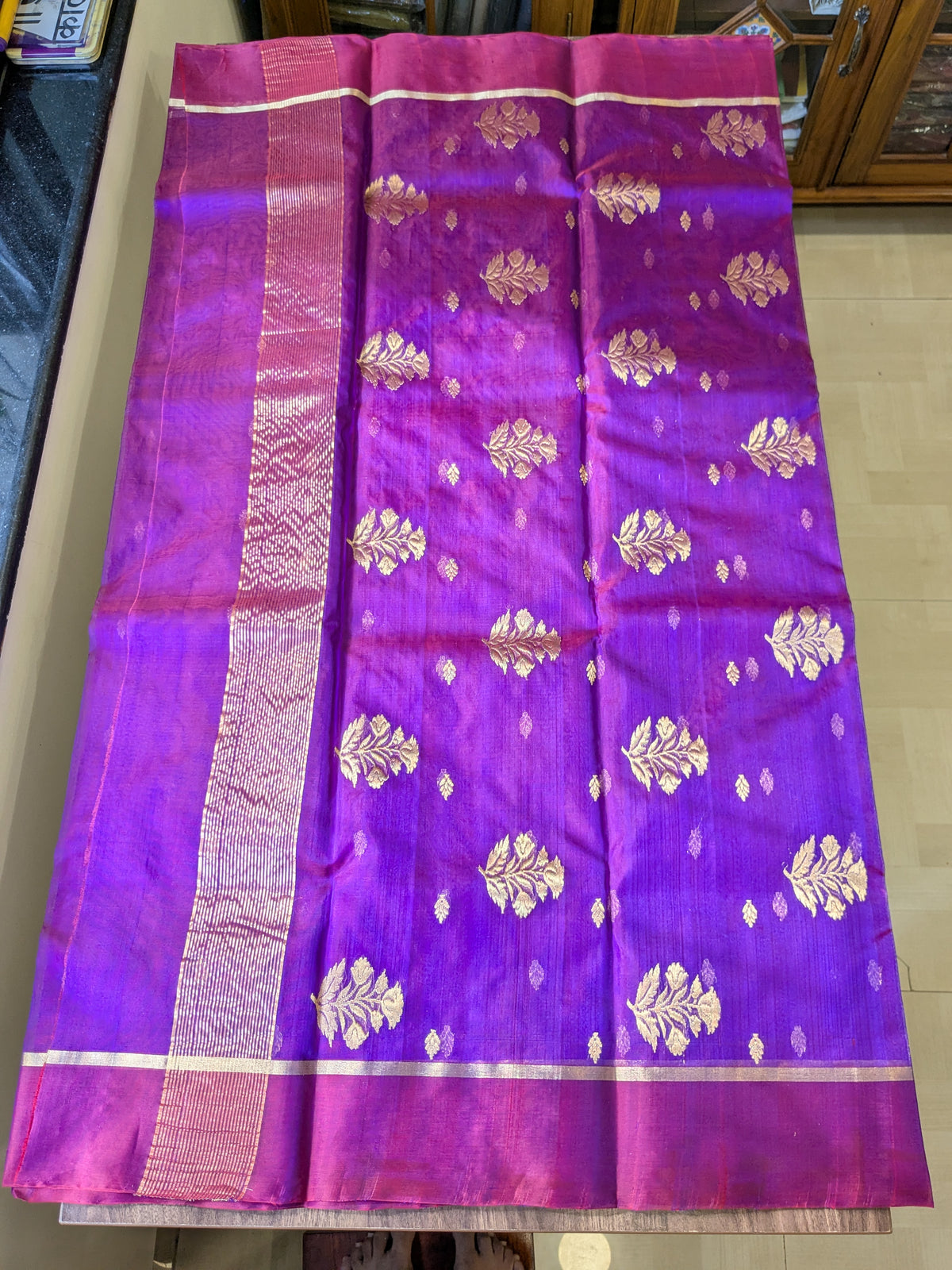 Reddish Purple Katan Silk Chanderi Saree with Golden Leaf Motifs & Floral Padar