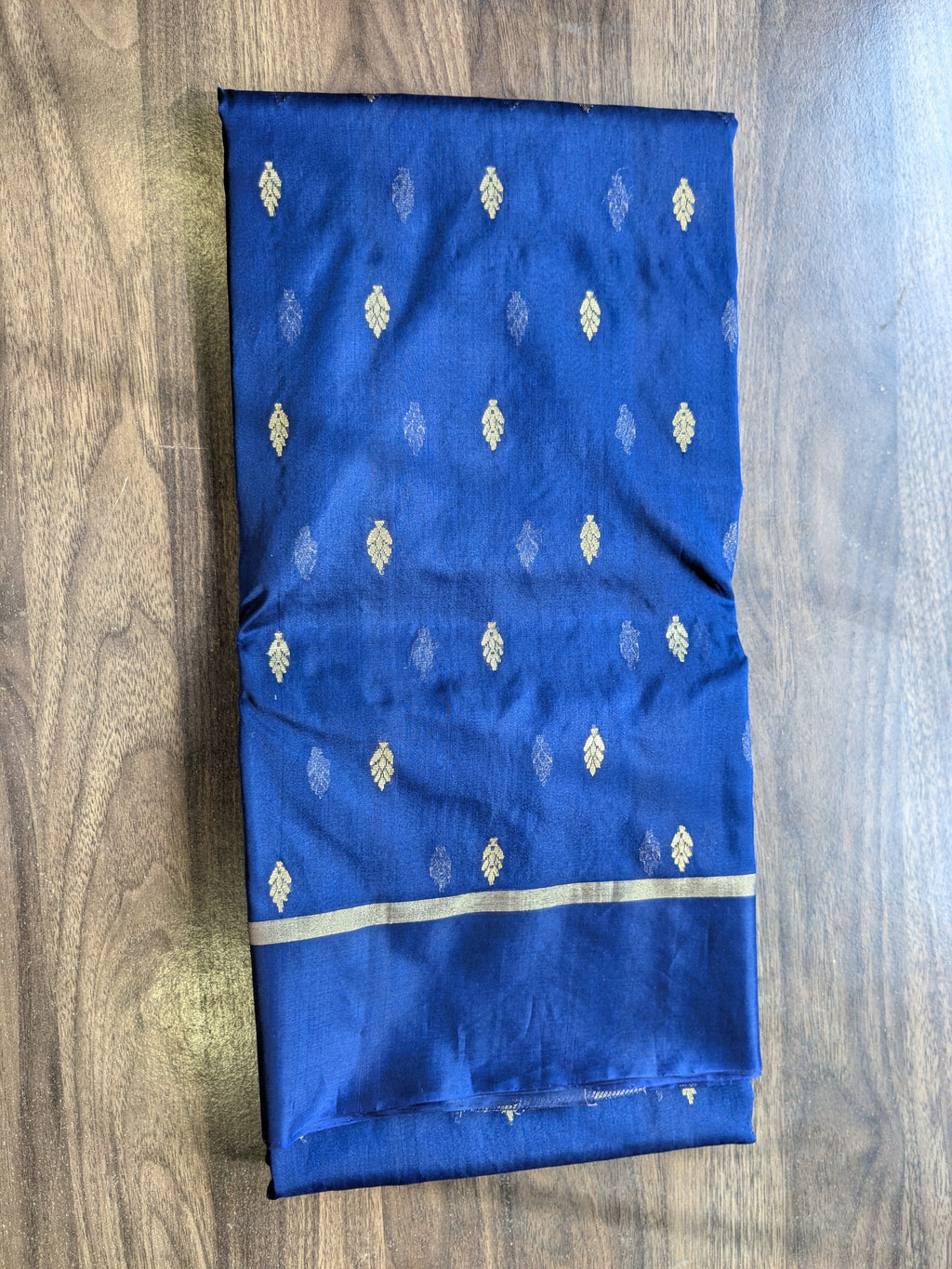 Blue Katan Silk Chanderi Saree with Golden Leaf Motifs & Floral Padar