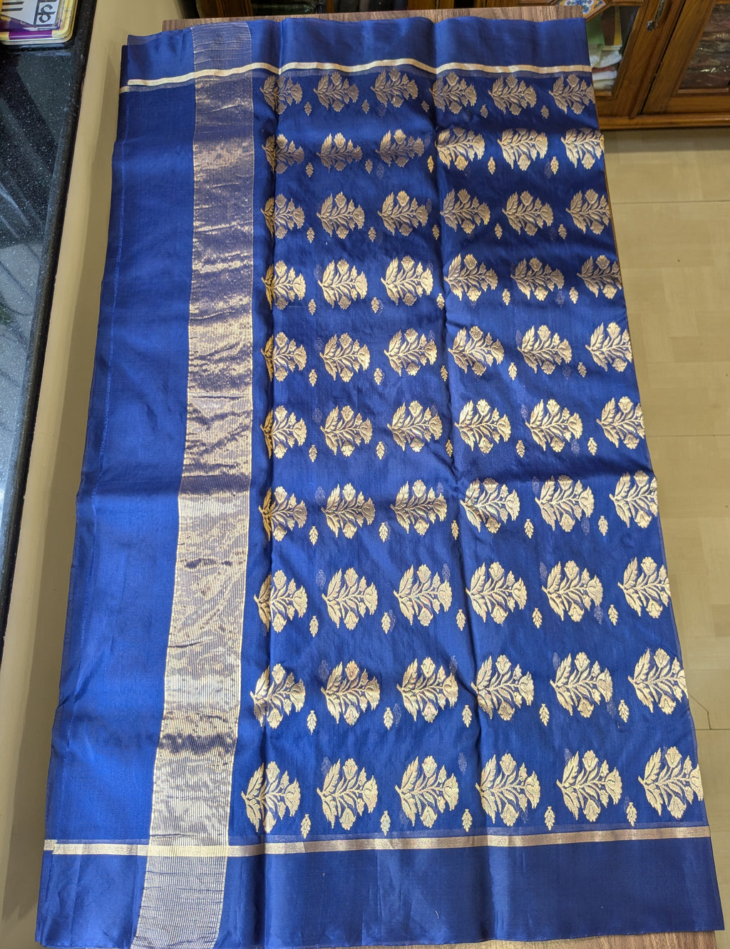 Blue Katan Silk Chanderi Saree with Golden Leaf Motifs & Floral Padar