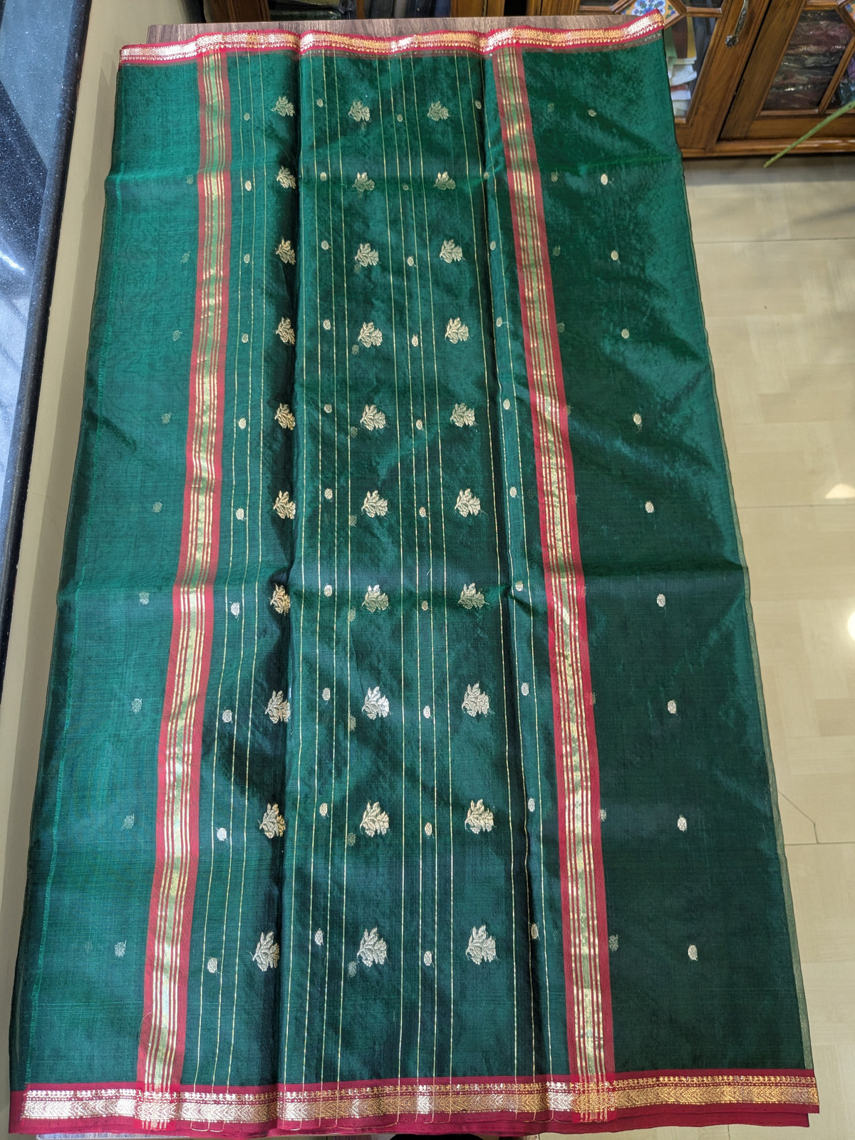 Bottle Green Katan Silk Chanderi Saree with Dollar Buttis & Buttidar Pallu