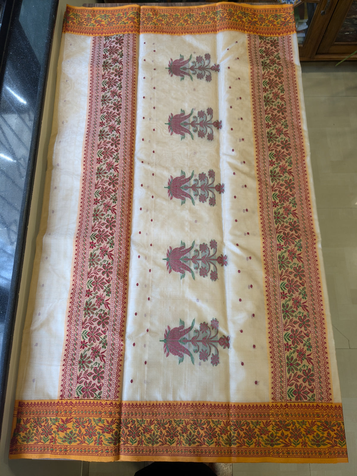 Beige Katan Silk Chanderi Saree with Intricate Resham Border