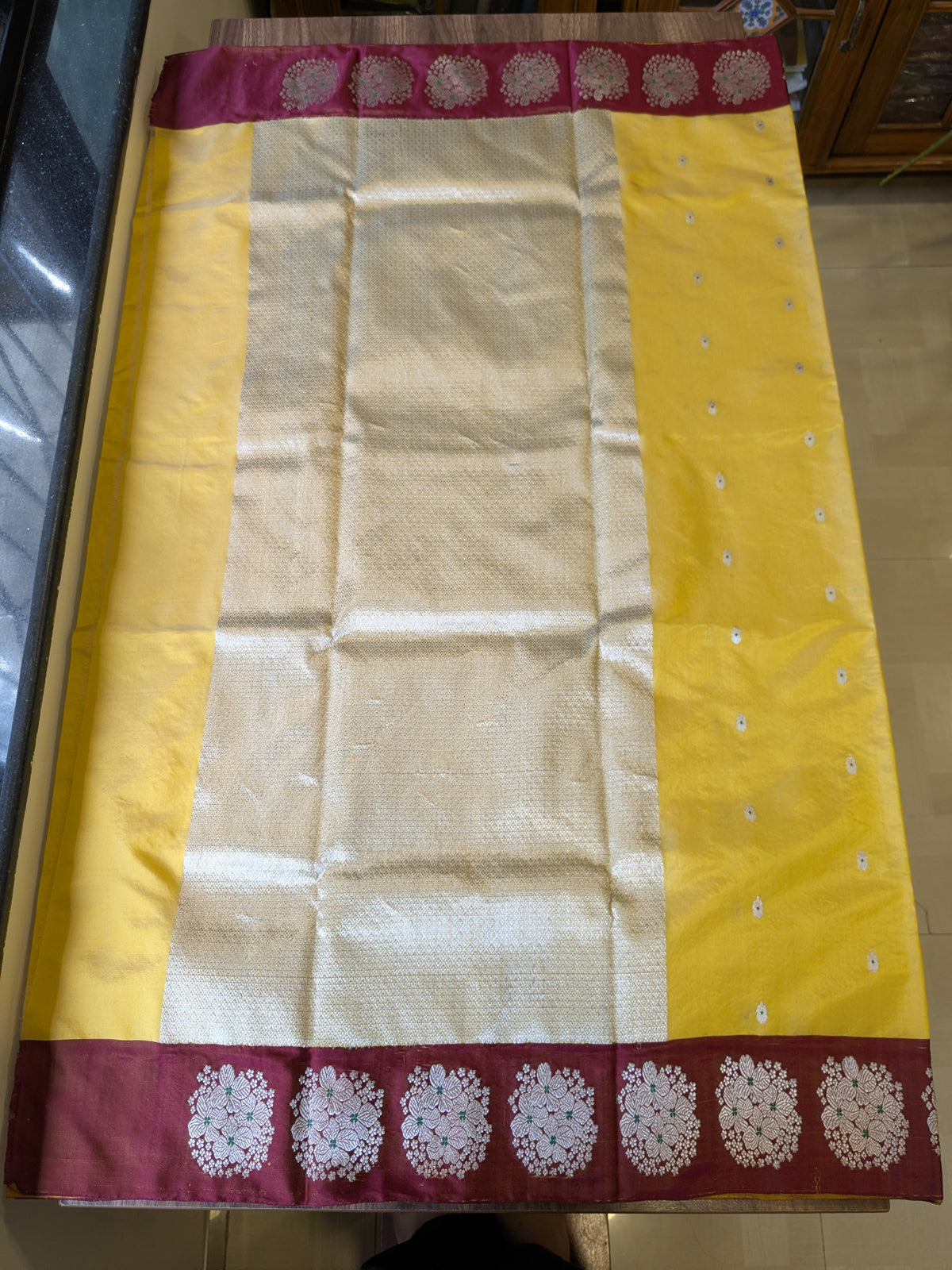 Yellow Pure Silk Chanderi Saree with Meena Butti