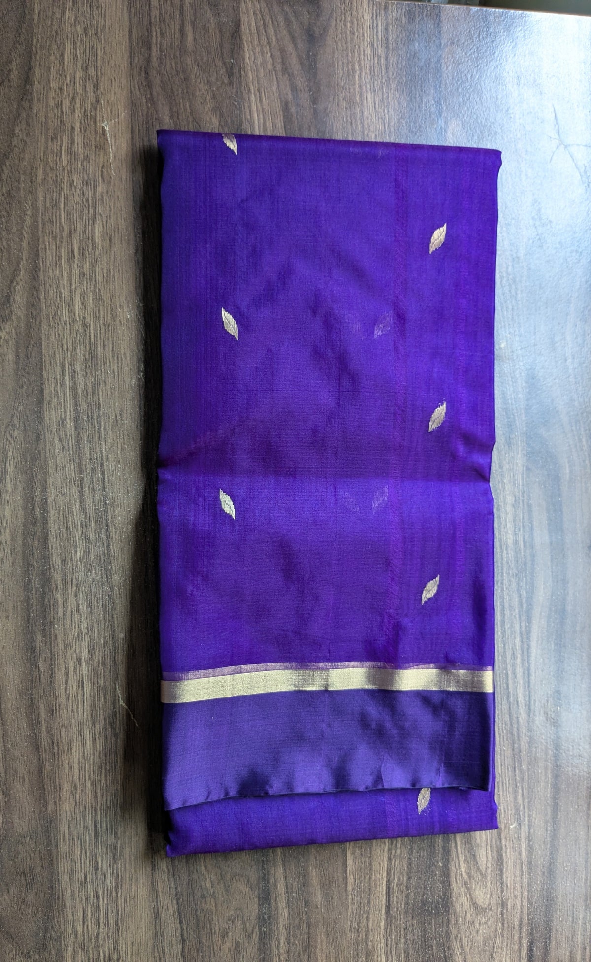 Purple Katan Silk Chanderi Saree with Golden Leaf Motifs & Floral Padar
