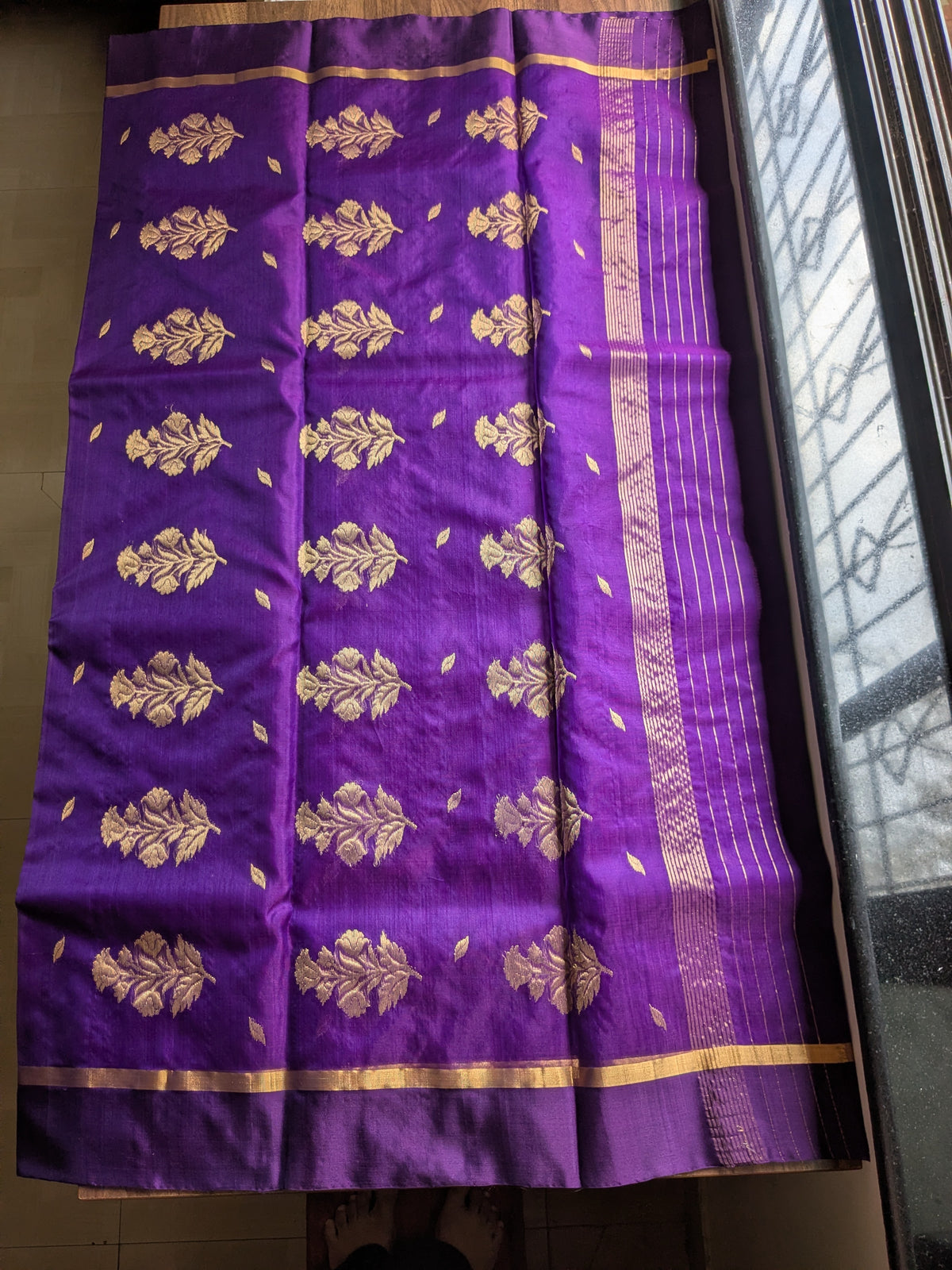 Purple Katan Silk Chanderi Saree with Golden Leaf Motifs & Floral Padar