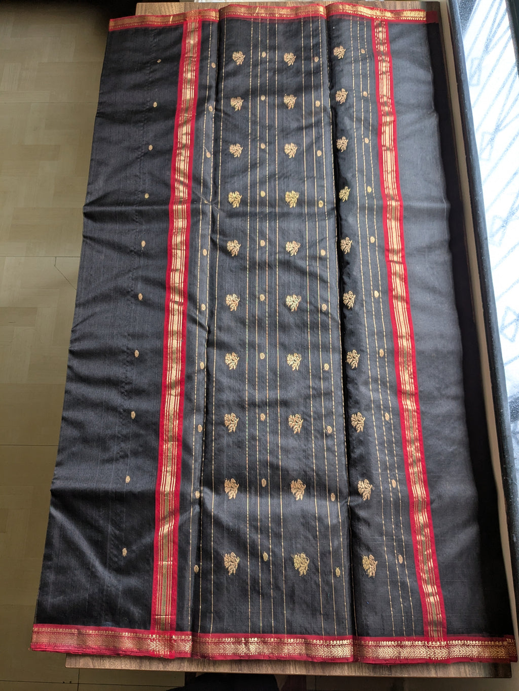 Black Katan Silk Chanderi Saree with Red Intricate Border