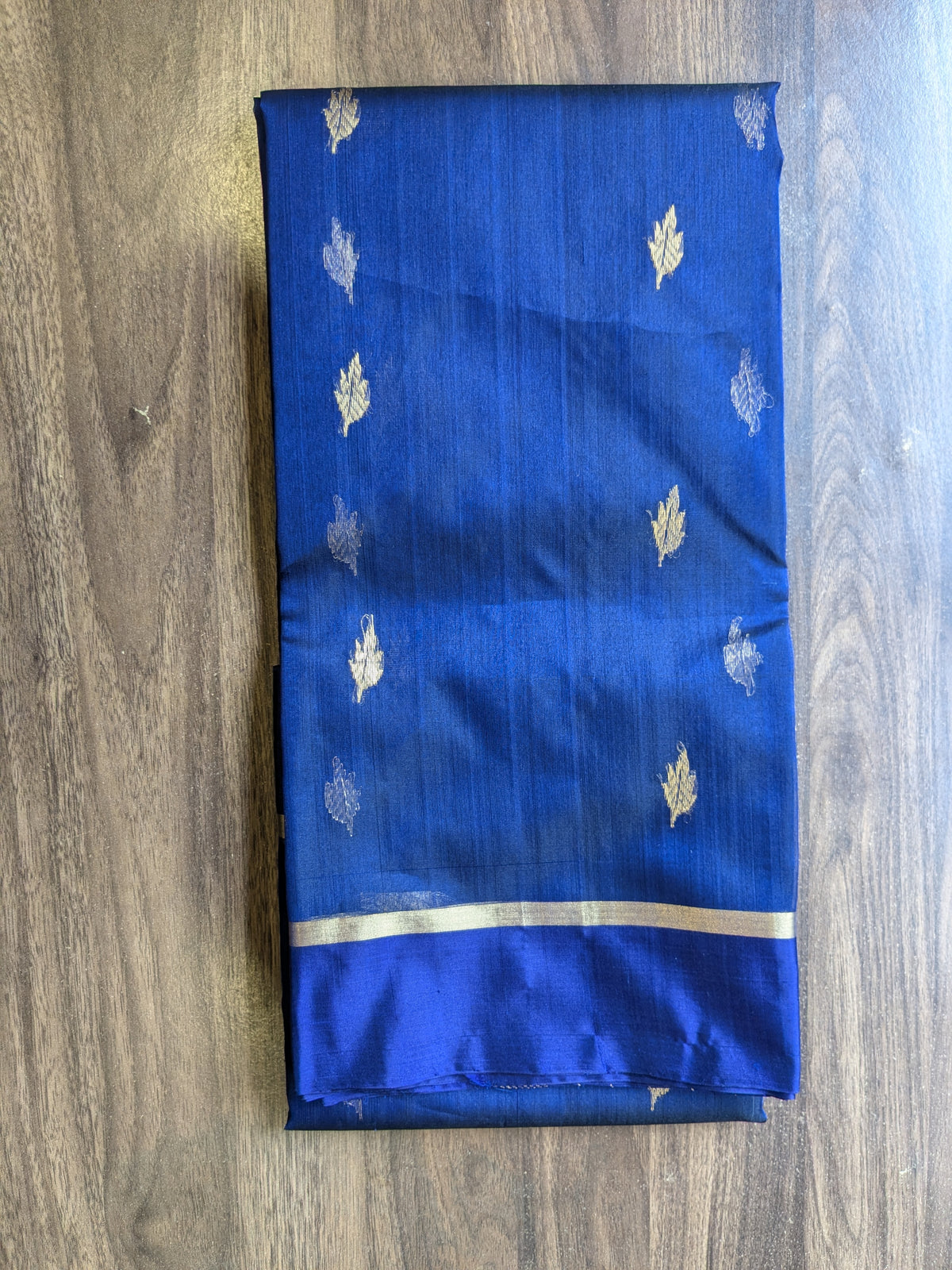 Blue Katan Silk Chanderi Saree with Golden Leaf Motifs & Floral Padar