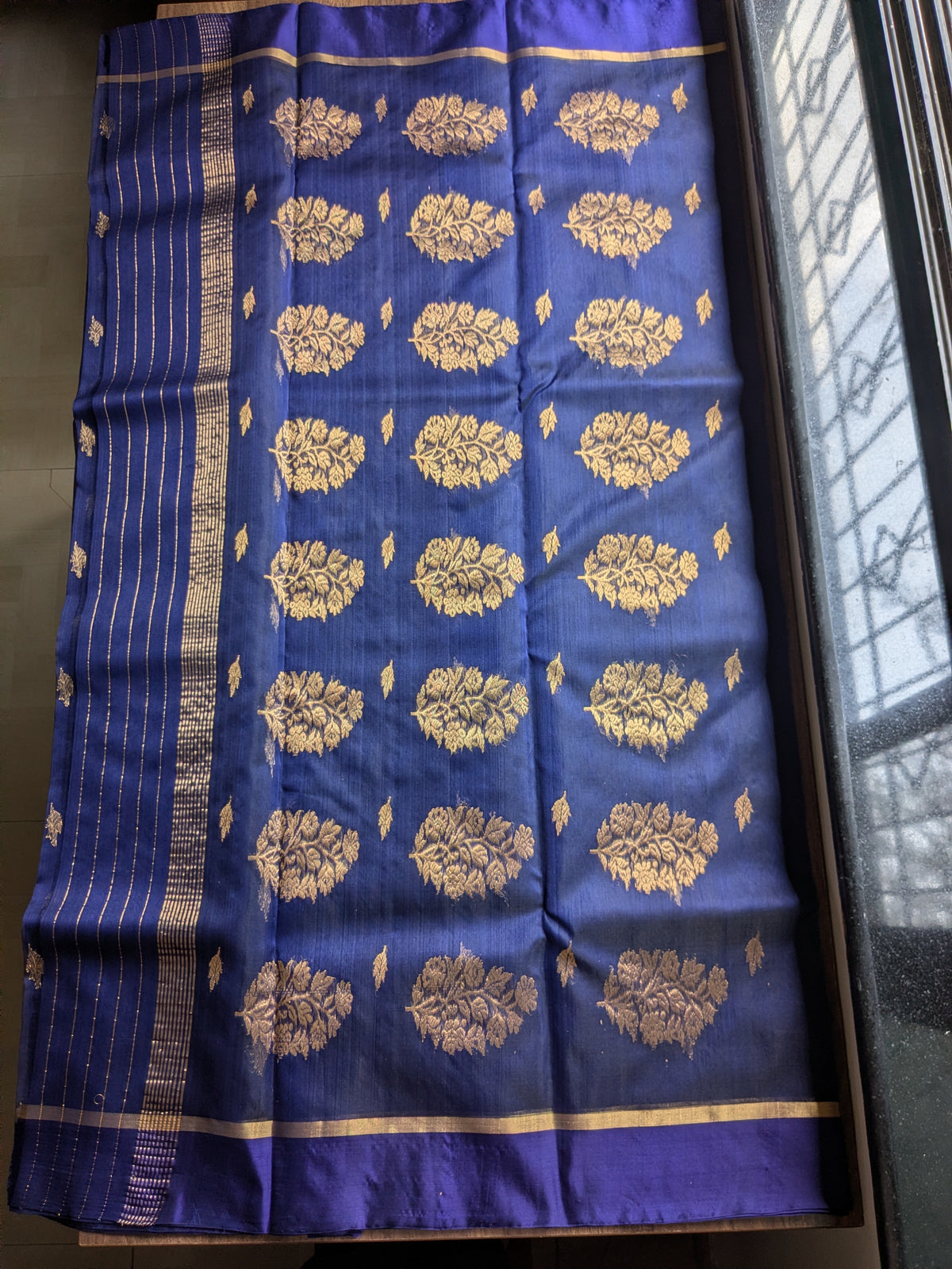 Blue Katan Silk Chanderi Saree with Golden Leaf Motifs & Floral Padar